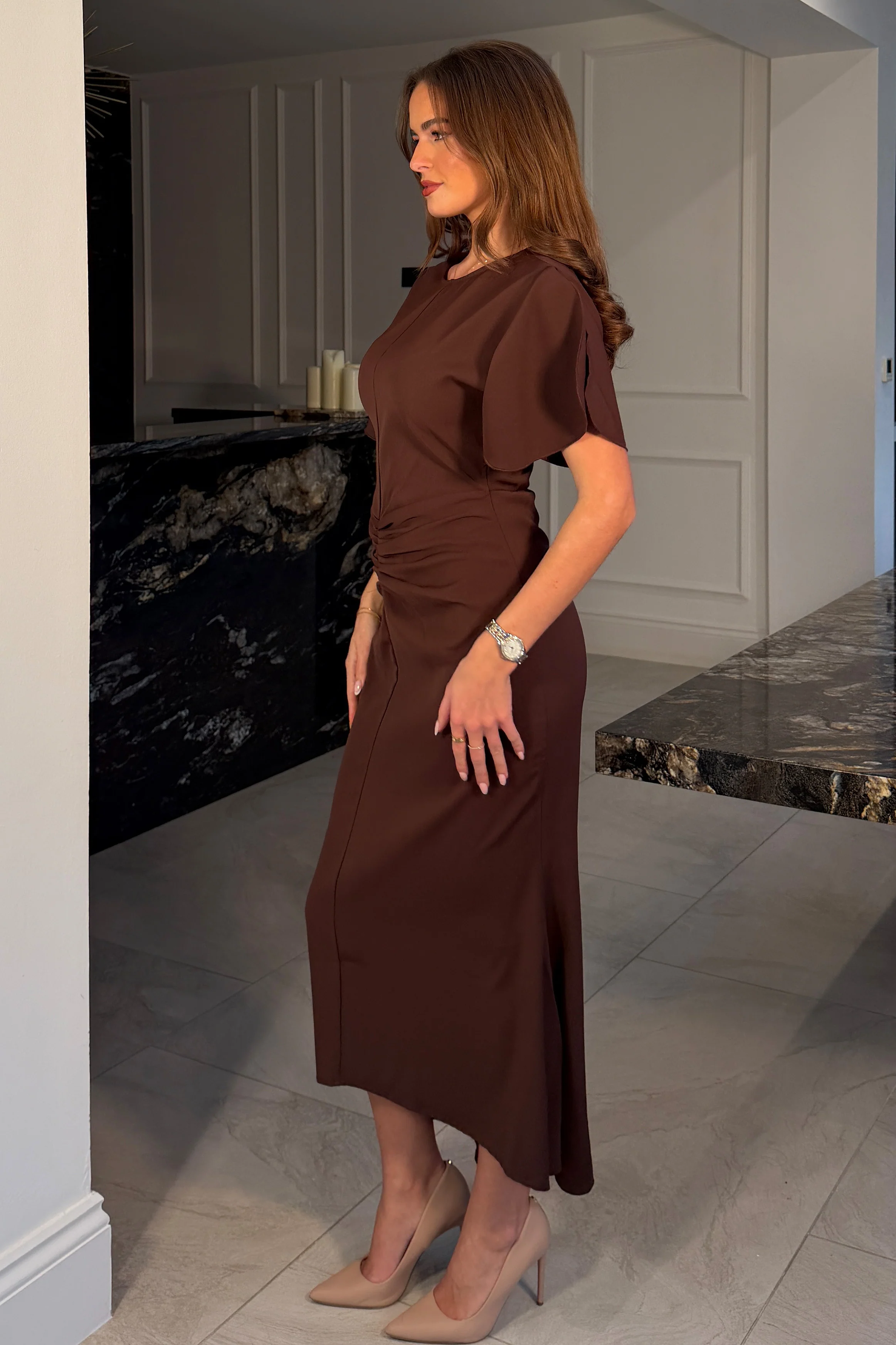 Cleo Ruched Detail Midi Dress In Brown - Image 3