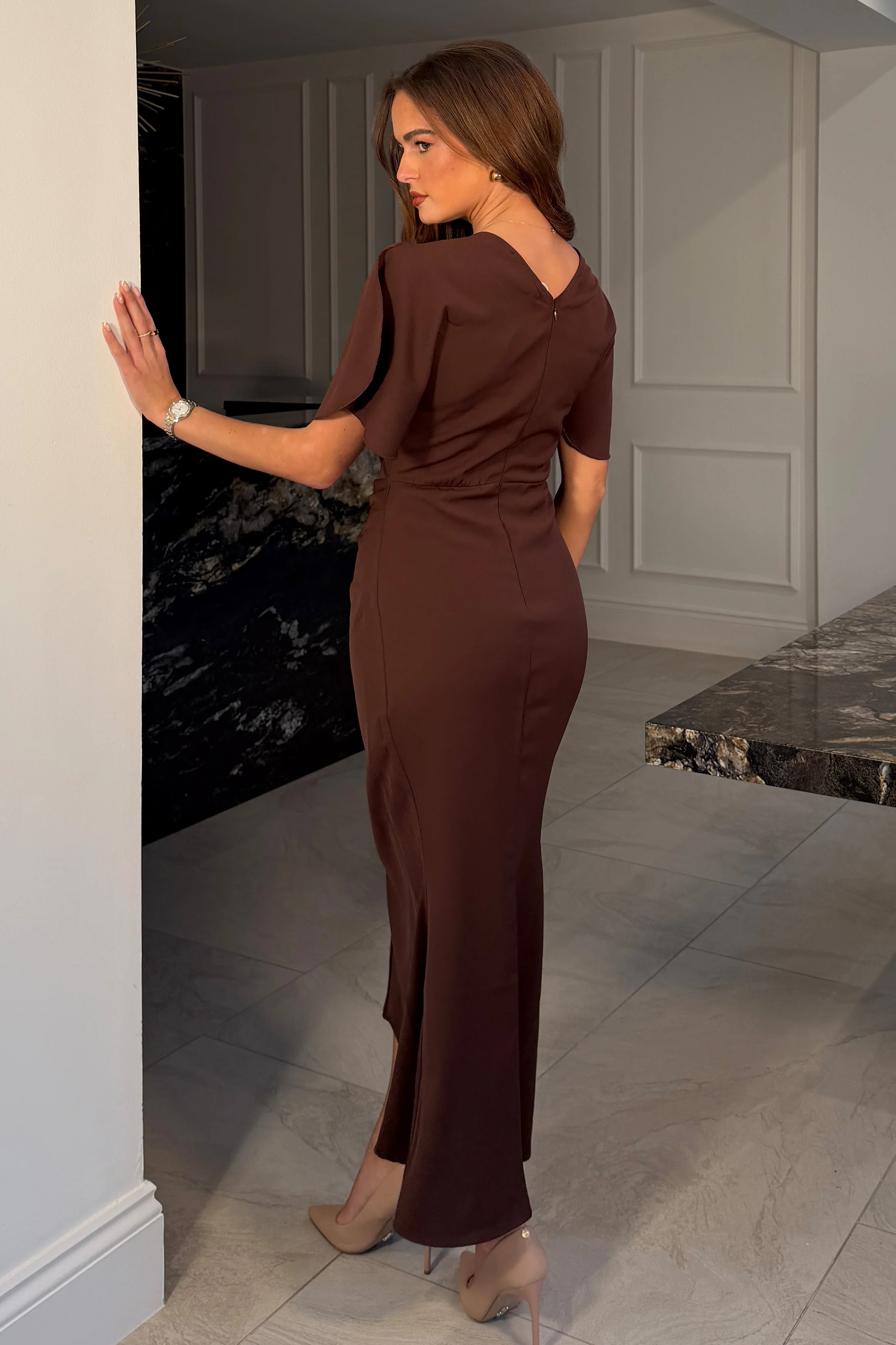 Cleo Ruched Detail Midi Dress In Brown - Image 4