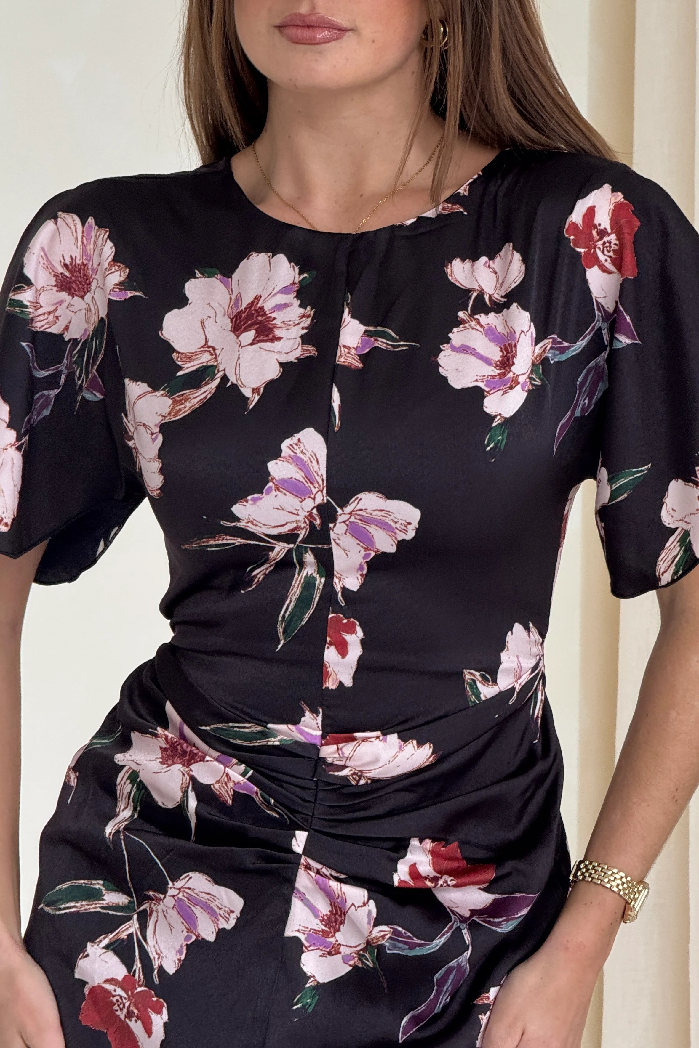 Cleo Ruched Detail Midi Dress In Oriental Floral - Image 2