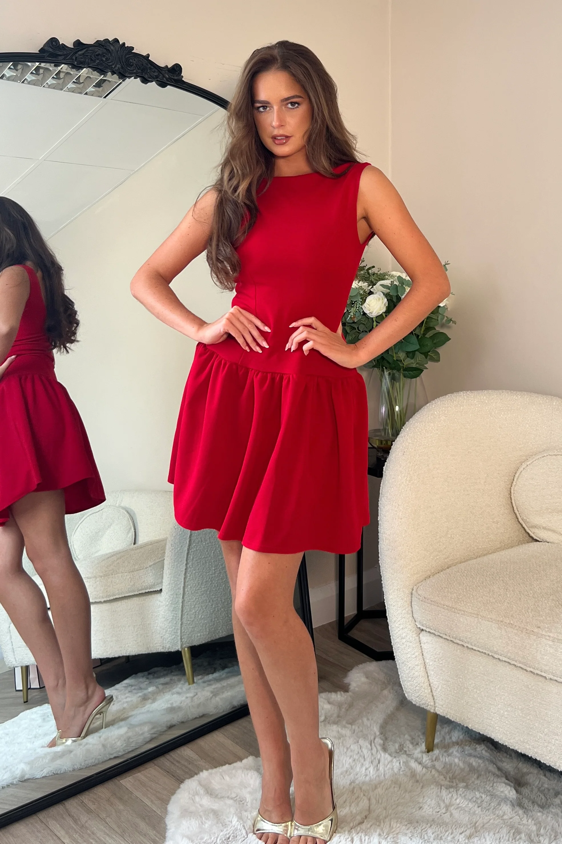 Codi Boat Neck Low Back Mini Dress Red - Image 3