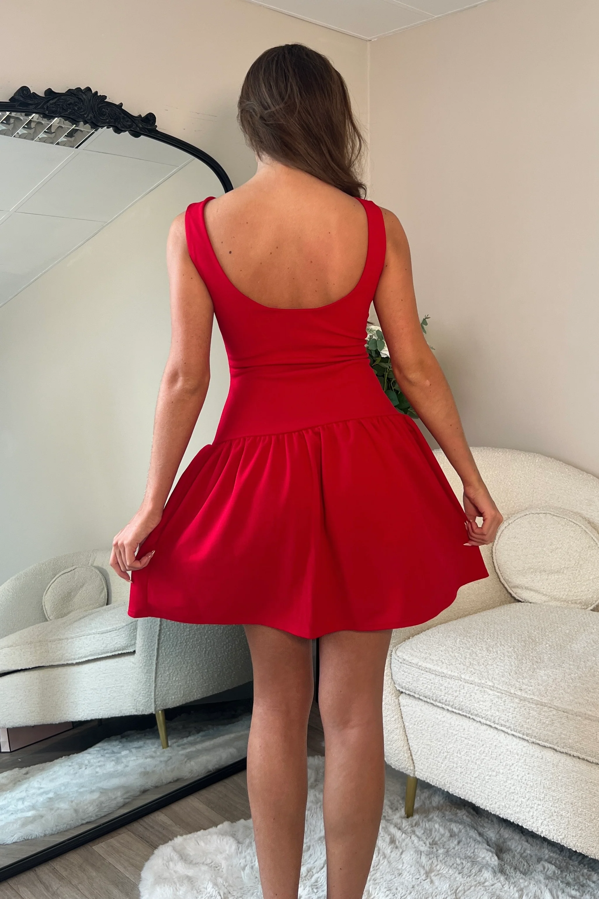 Codi Boat Neck Low Back Mini Dress Red - Image 5