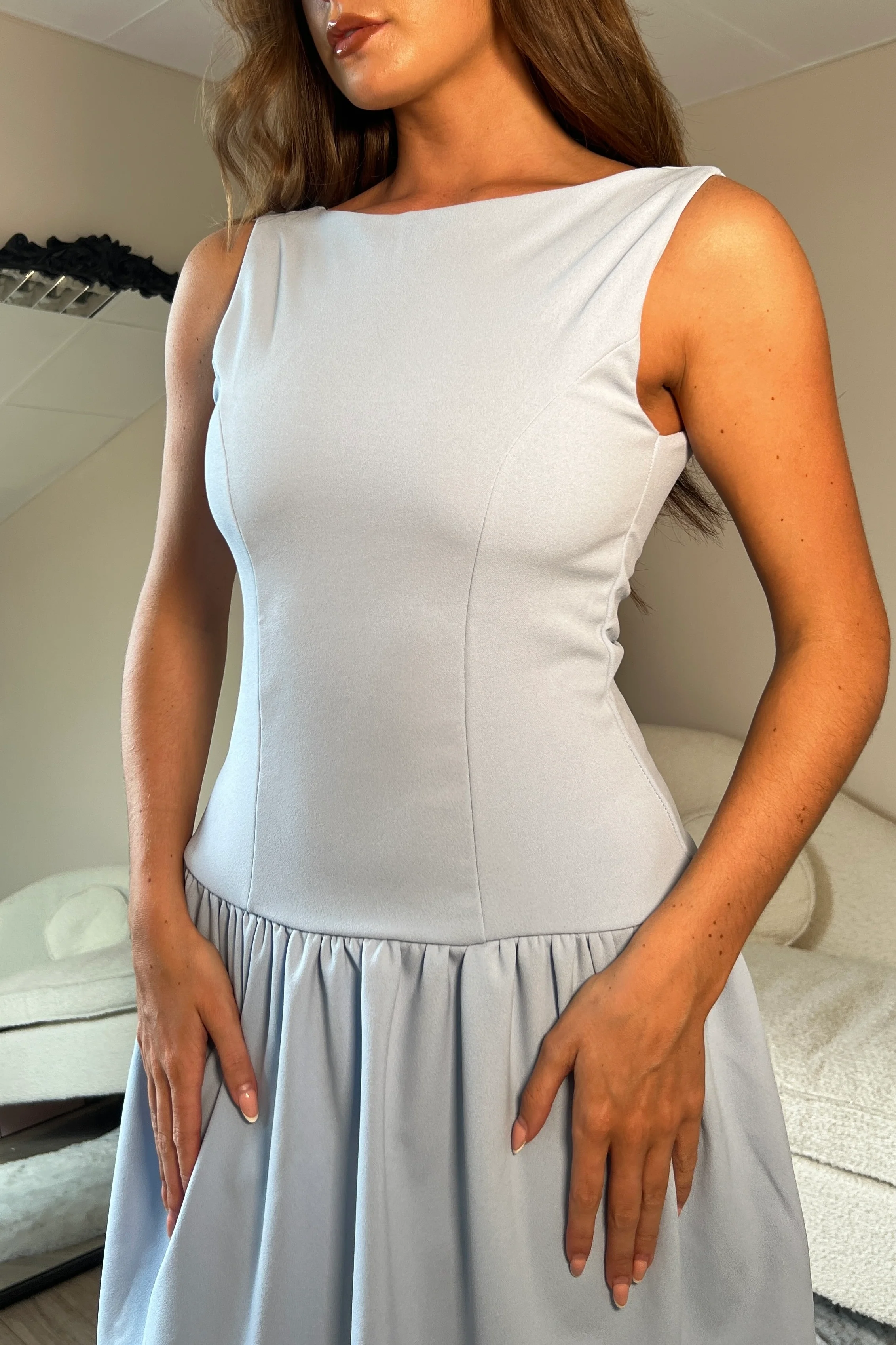 Codi Boat Neck Low Back Mini Dress Sky - Image 2