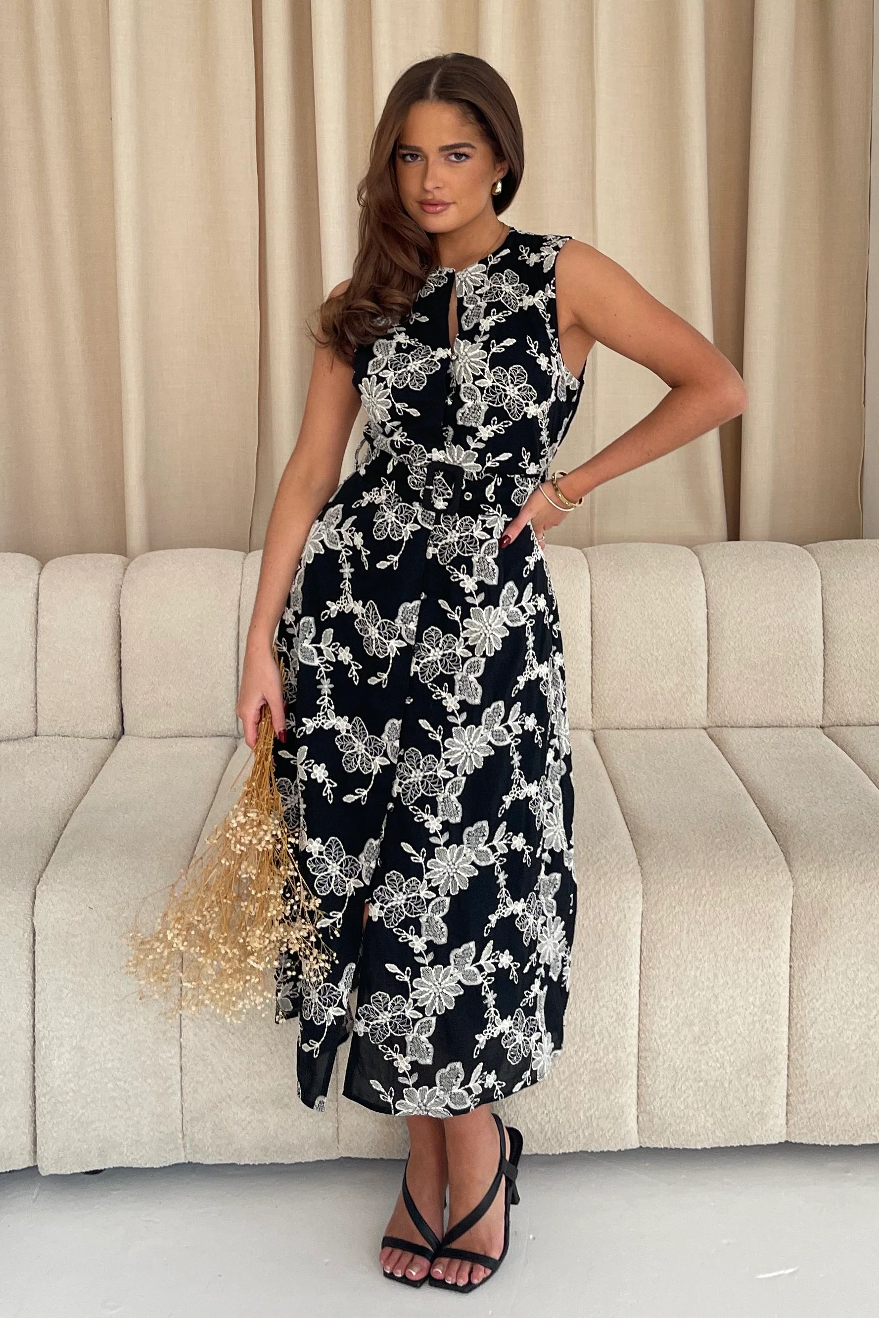 Cordelia Floral Embroidery Midi Dress Black