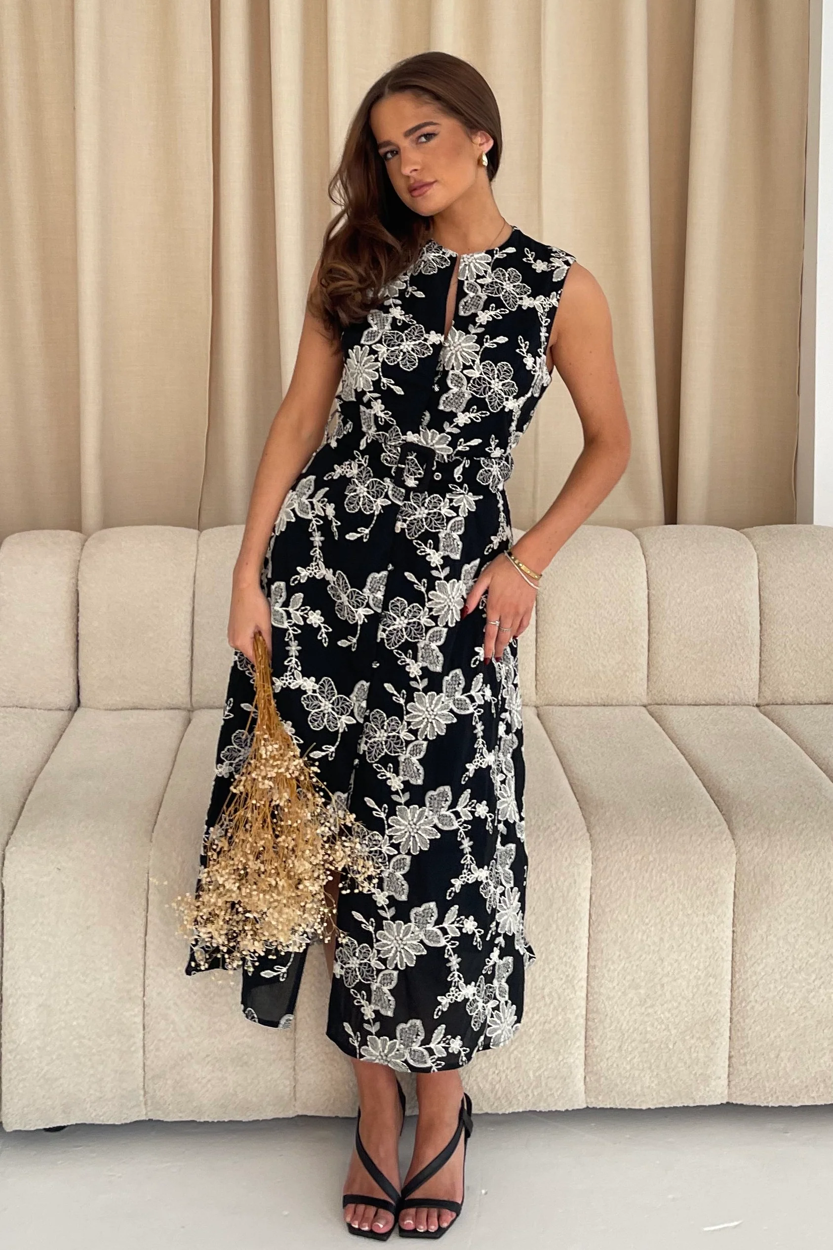 Cordelia Floral Embroidery Midi Dress Black - Image 3
