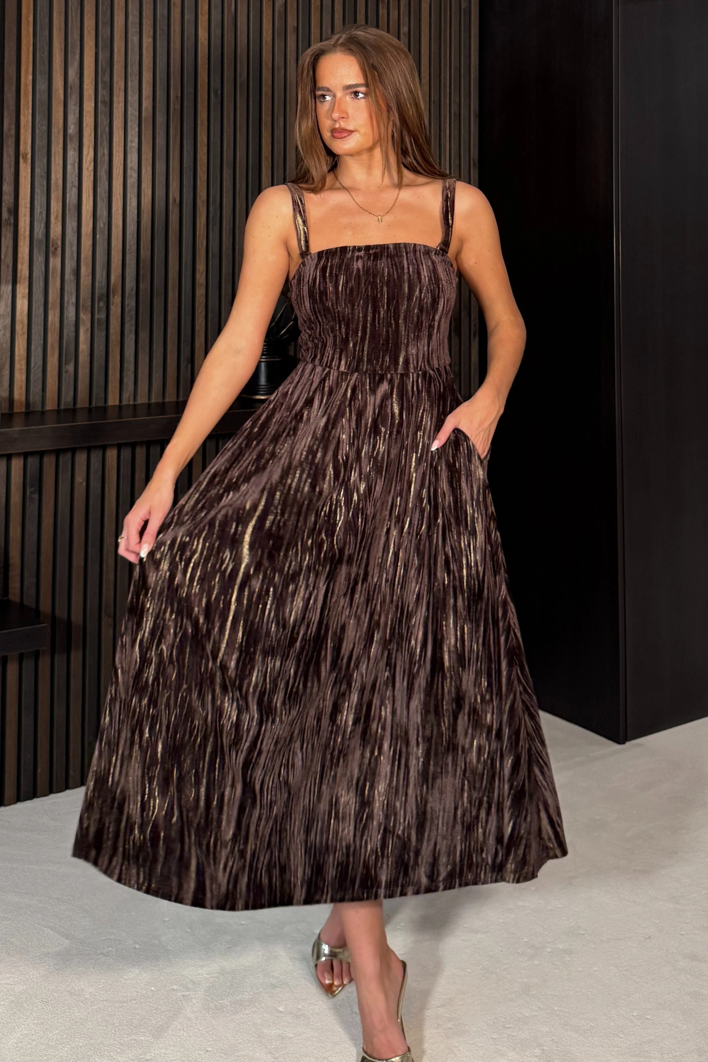 Danika Bandeao Brown Foiled Velvet Midi Dress - Image 4