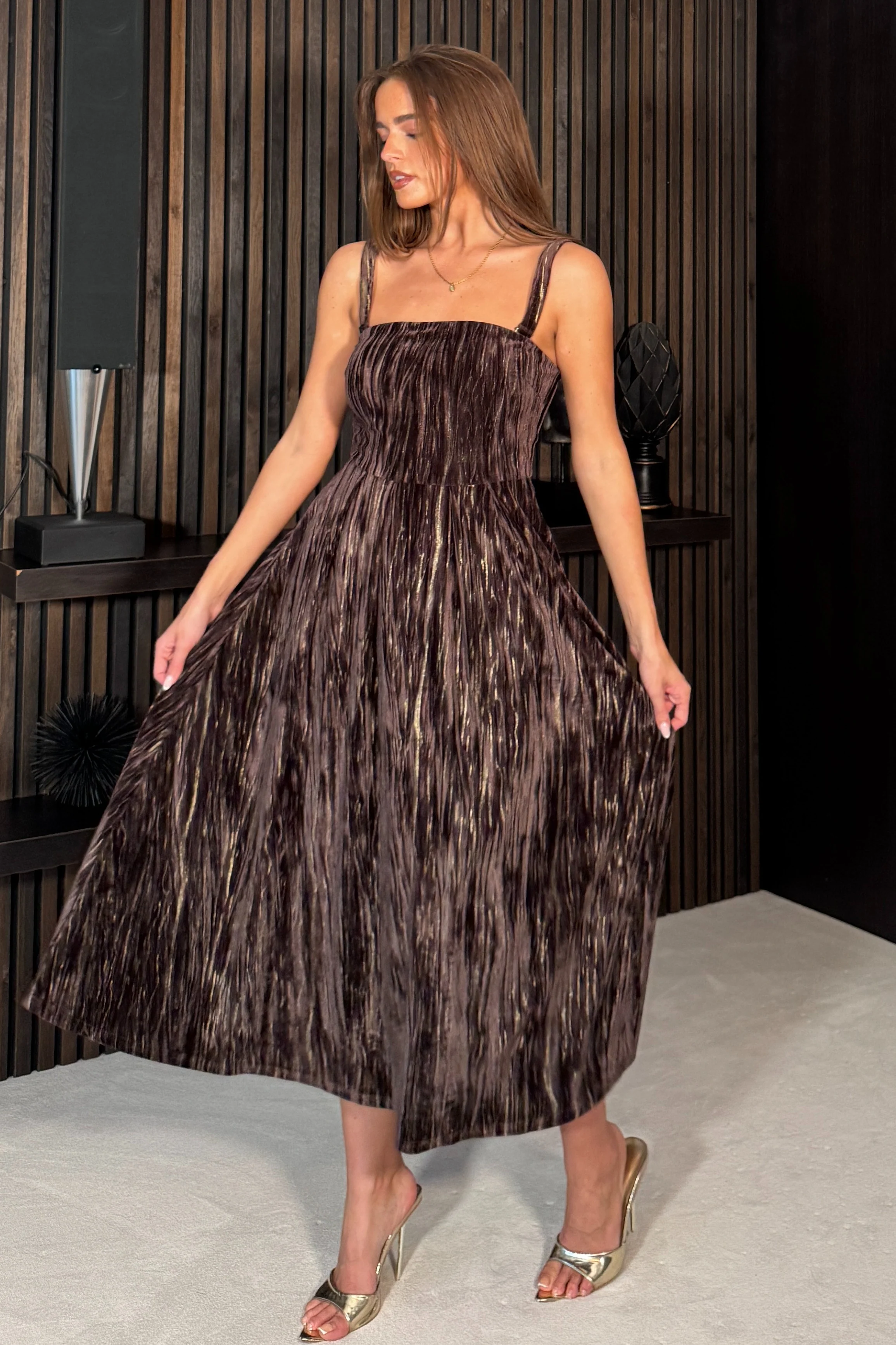 Danika Bandeao Brown Foiled Velvet Midi Dress - Image 6
