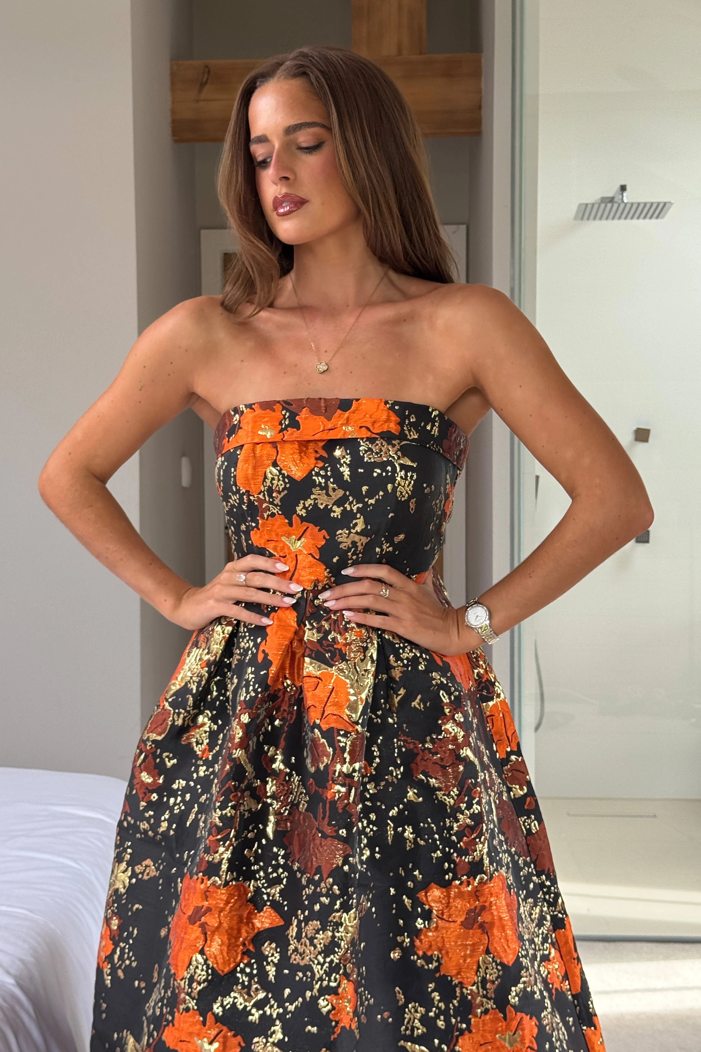 Danni Strapless Bandeau Midi Dress Black And Gold - Image 4