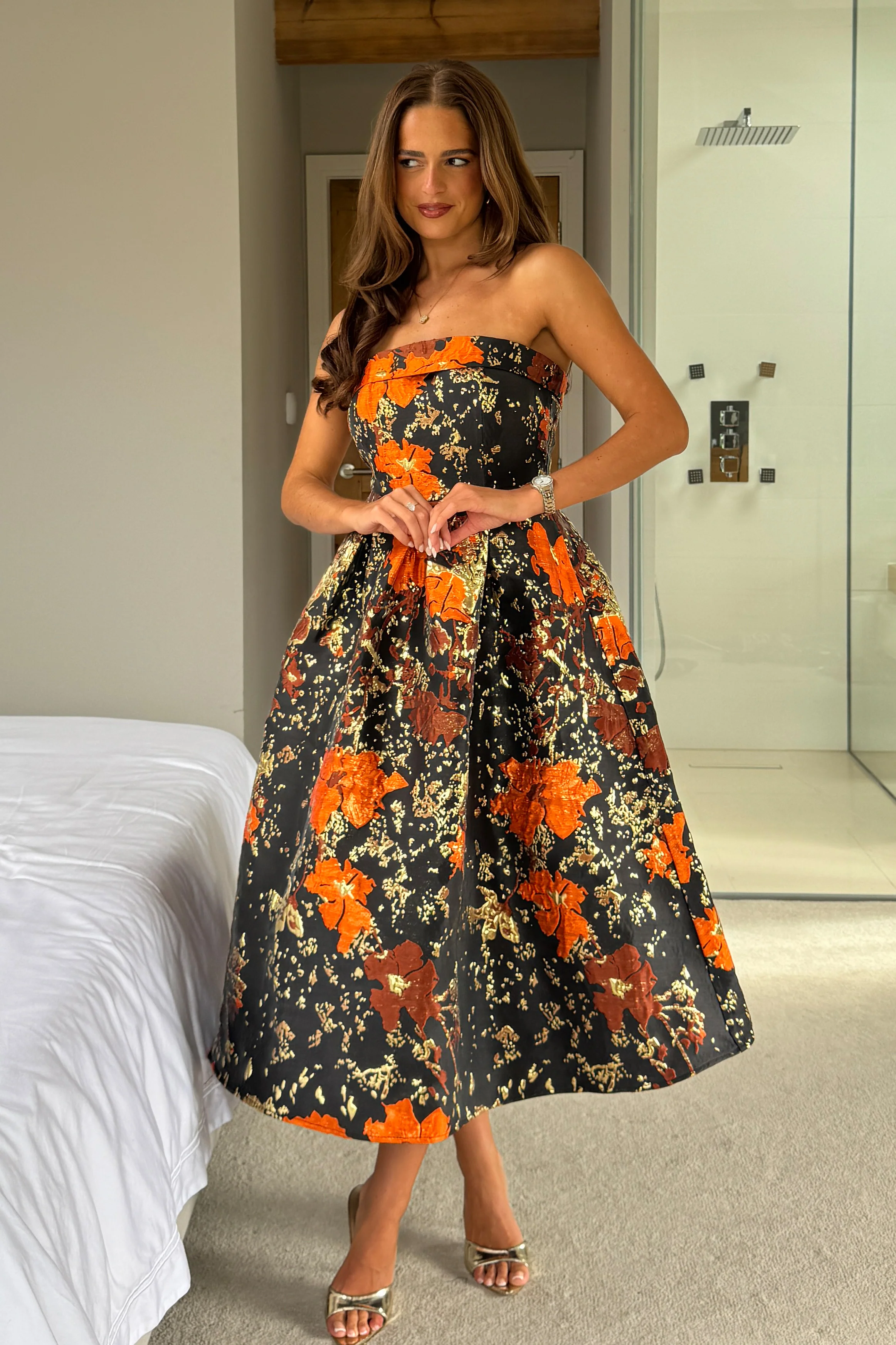 Danni Strapless Bandeau Midi Dress Black And Gold - Image 6