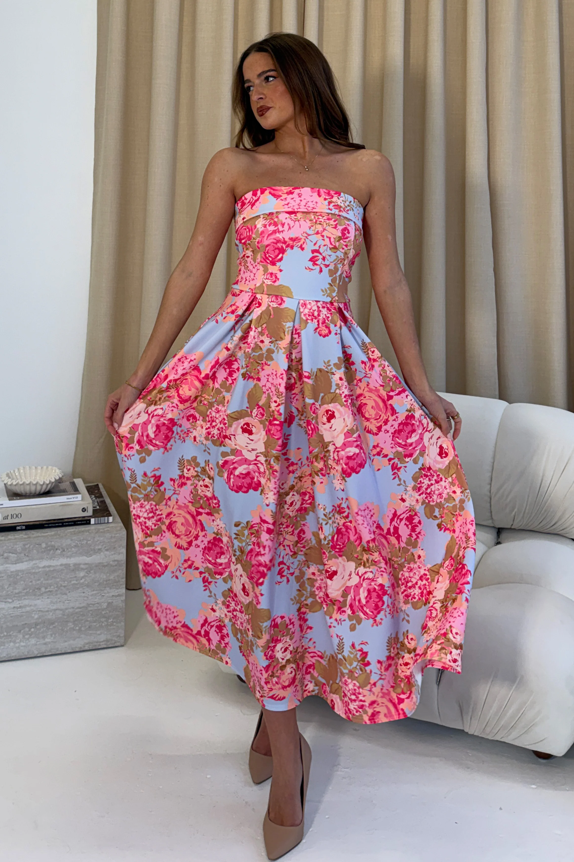Danni Strapless Bandeau Midi Dress Floral - Image 5