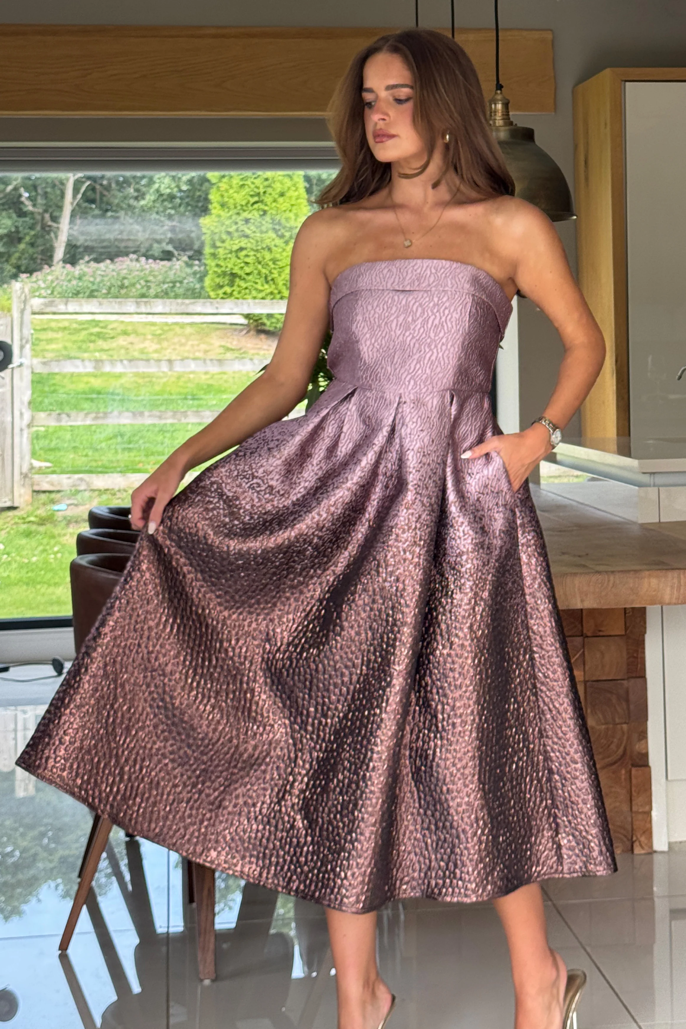 Danni Strapless Bandeau Midi Dress Lilac Ombre - Image 5