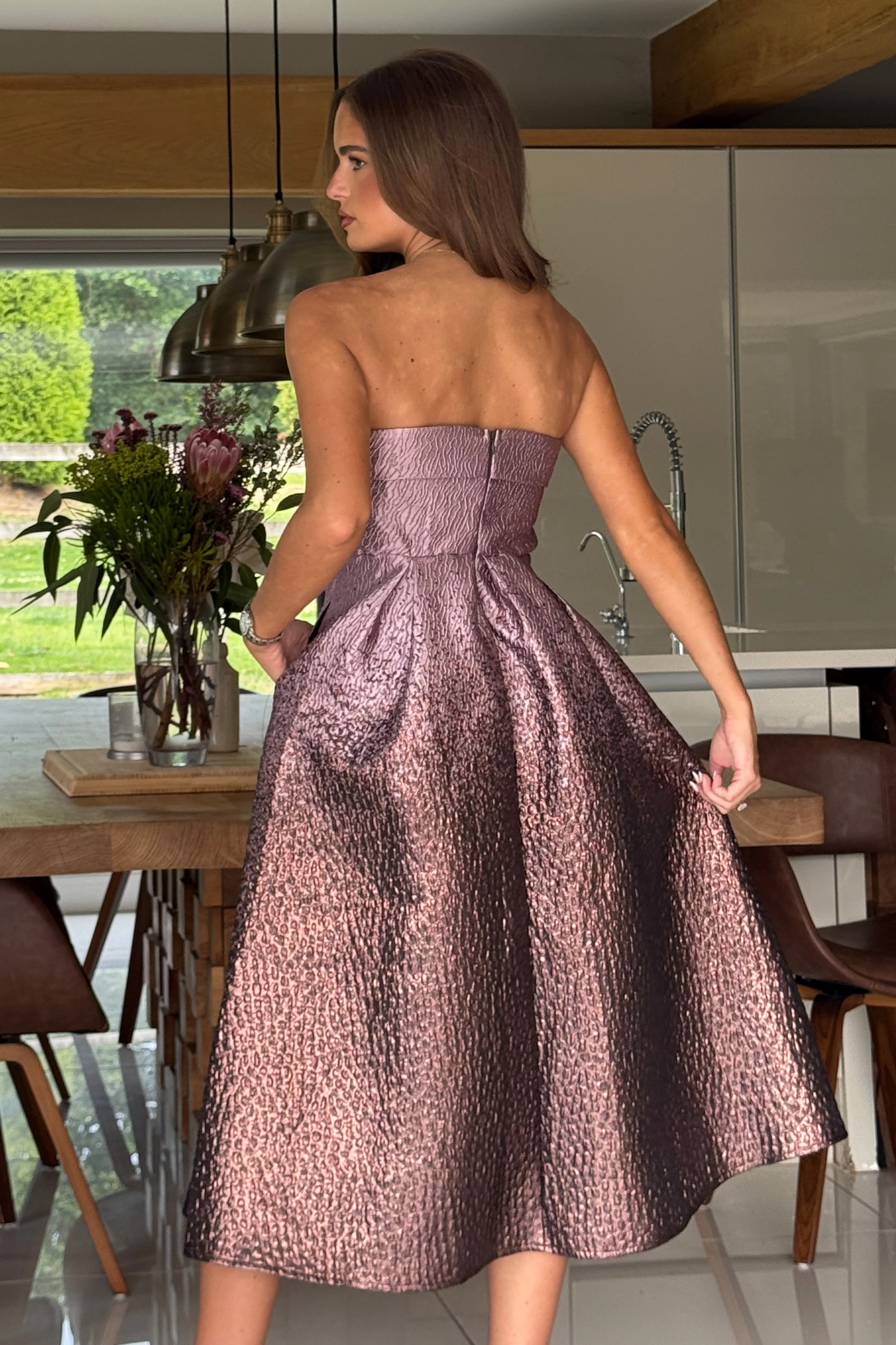 Danni Strapless Bandeau Midi Dress Lilac Ombre - Image 6