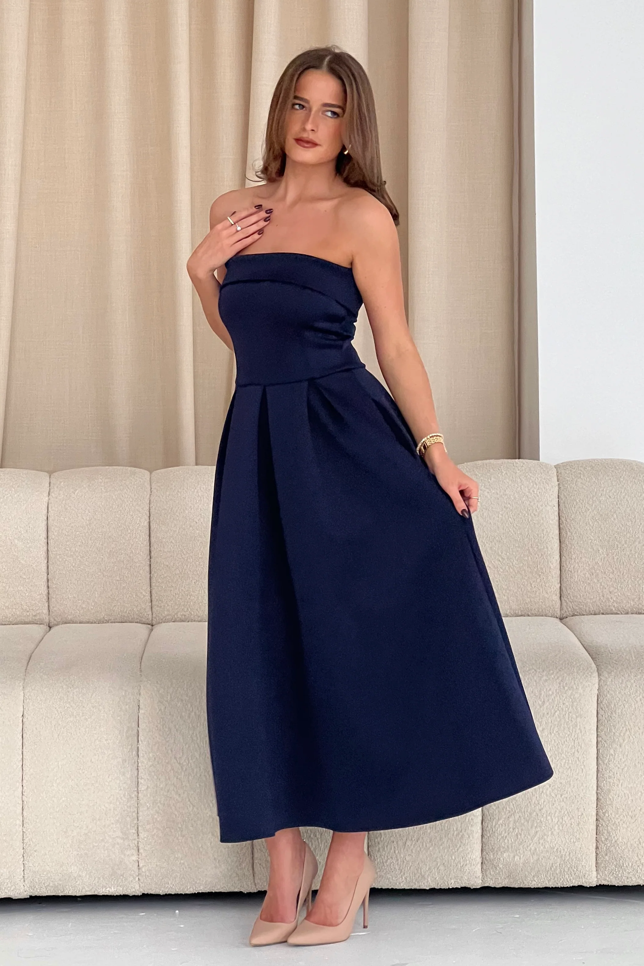Danni Strapless Bandeau Midi Dress Navy - Image 3