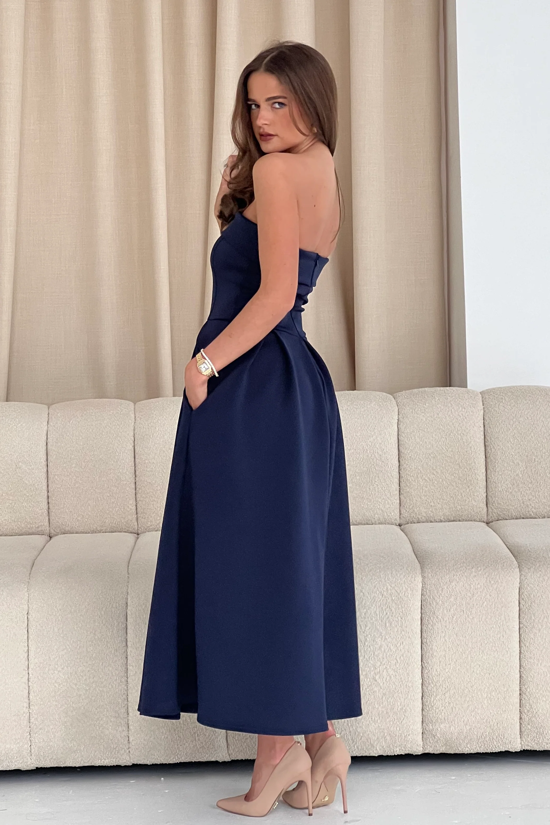 Danni Strapless Bandeau Midi Dress Navy - Image 4