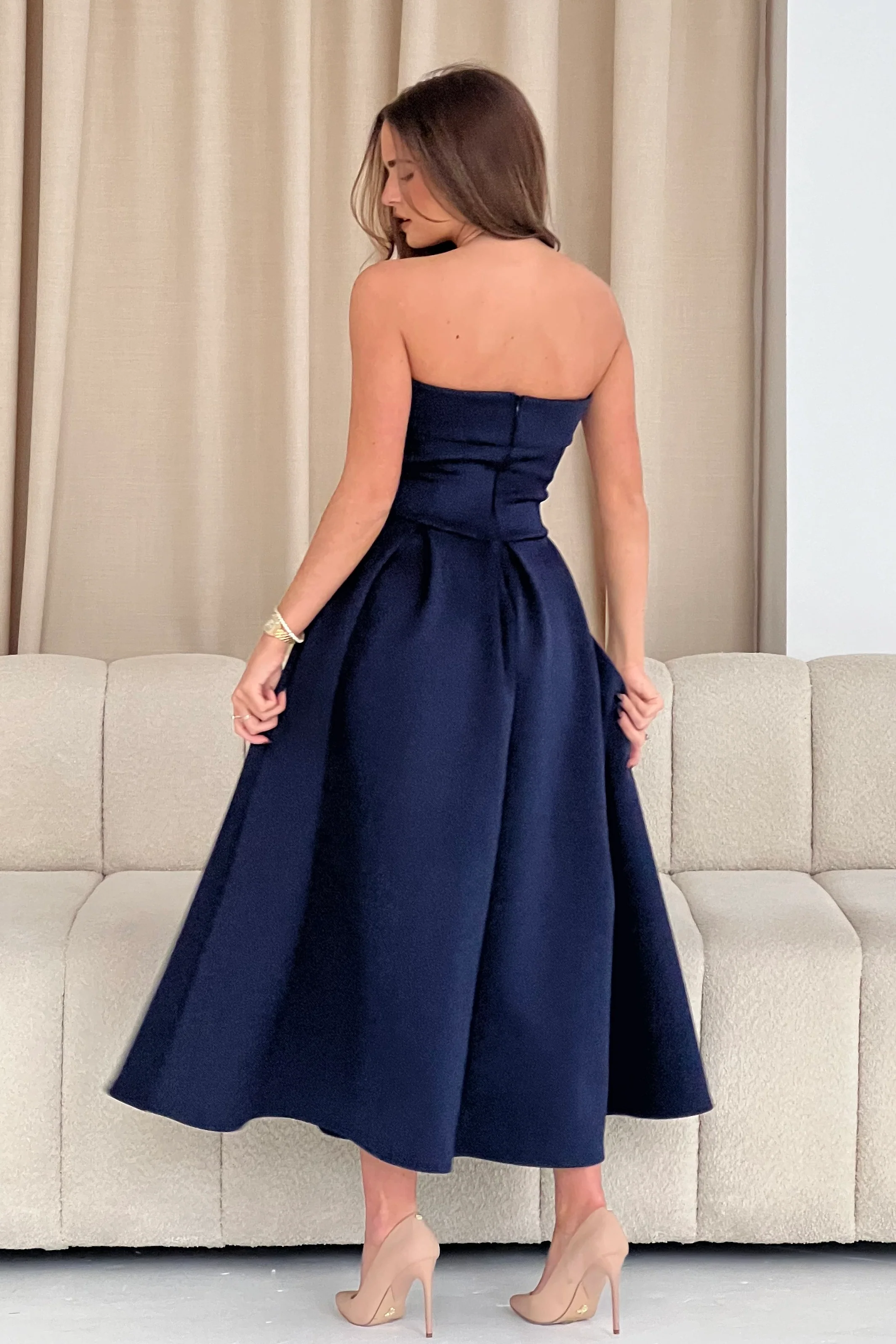 Danni Strapless Bandeau Midi Dress Navy - Image 5