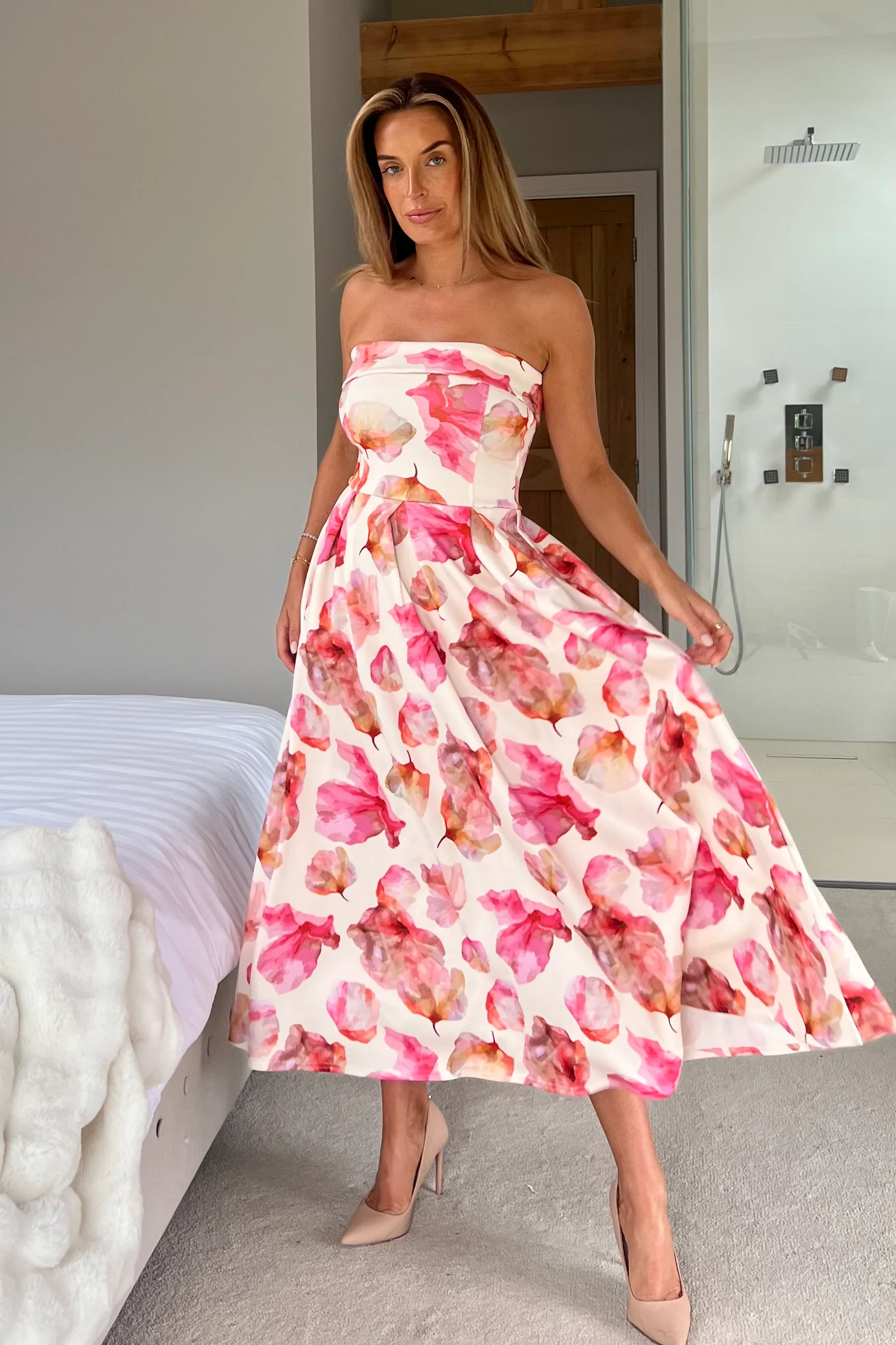 Danni Strapless Bandeau Midi Dress Pink And Yellow Print - Image 3