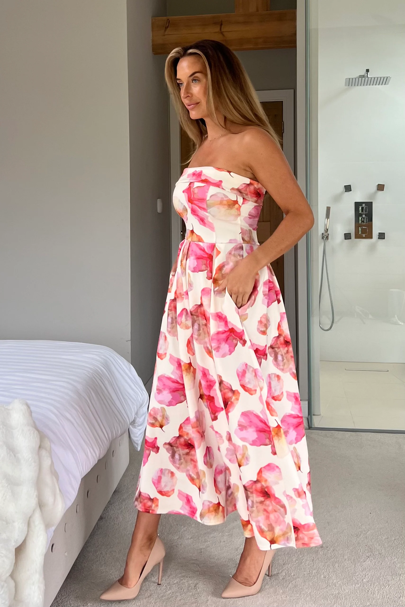 Danni Strapless Bandeau Midi Dress Pink And Yellow Print - Image 4