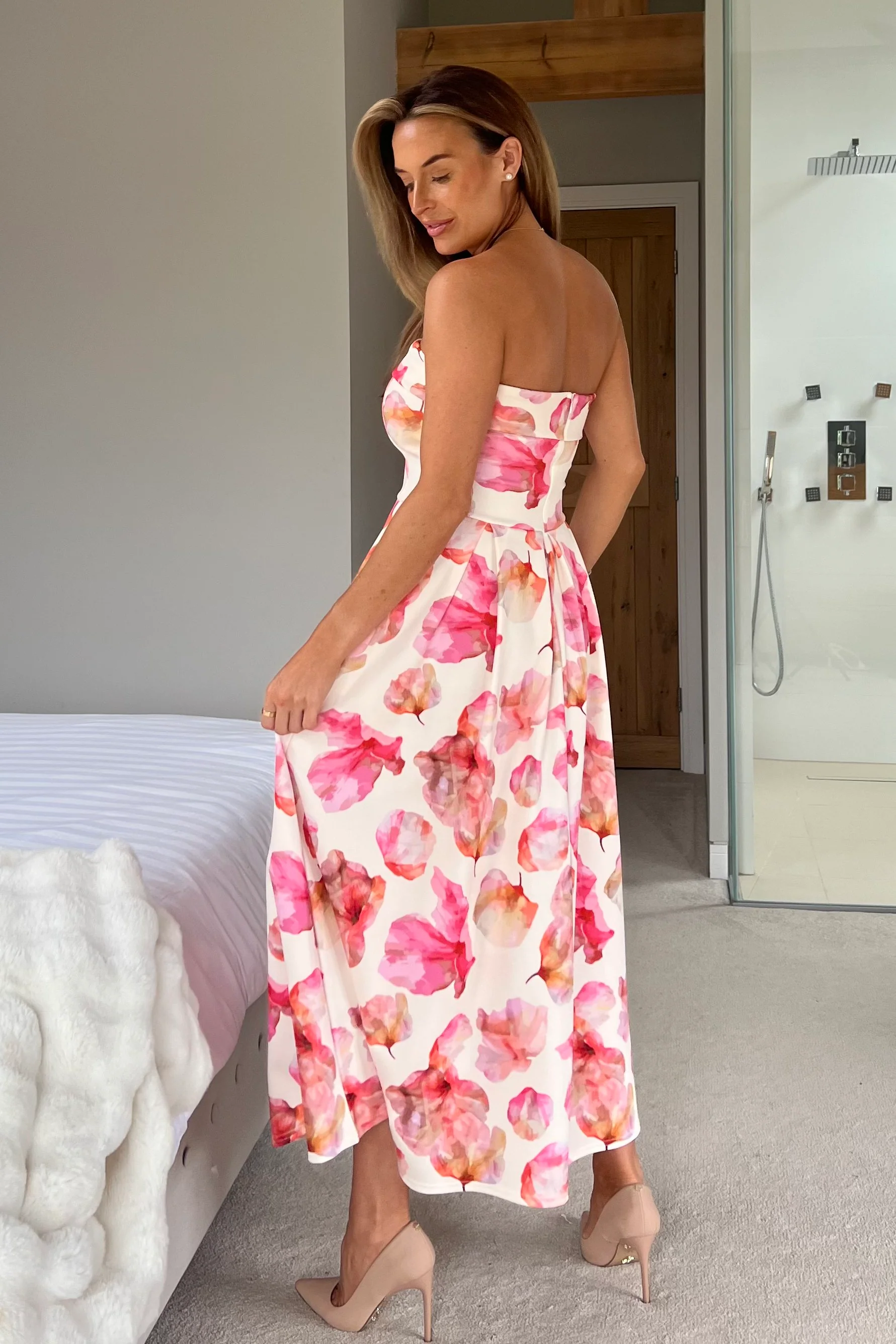 Danni Strapless Bandeau Midi Dress Pink And Yellow Print - Image 5