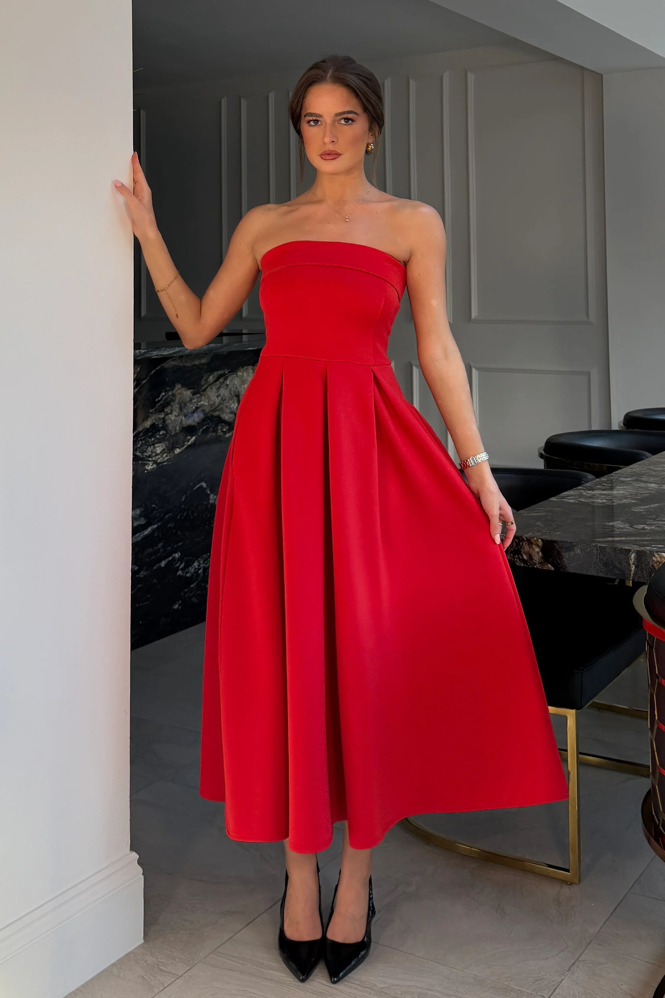 Danni Strapless Bandeau Midi Dress Red - Image 3