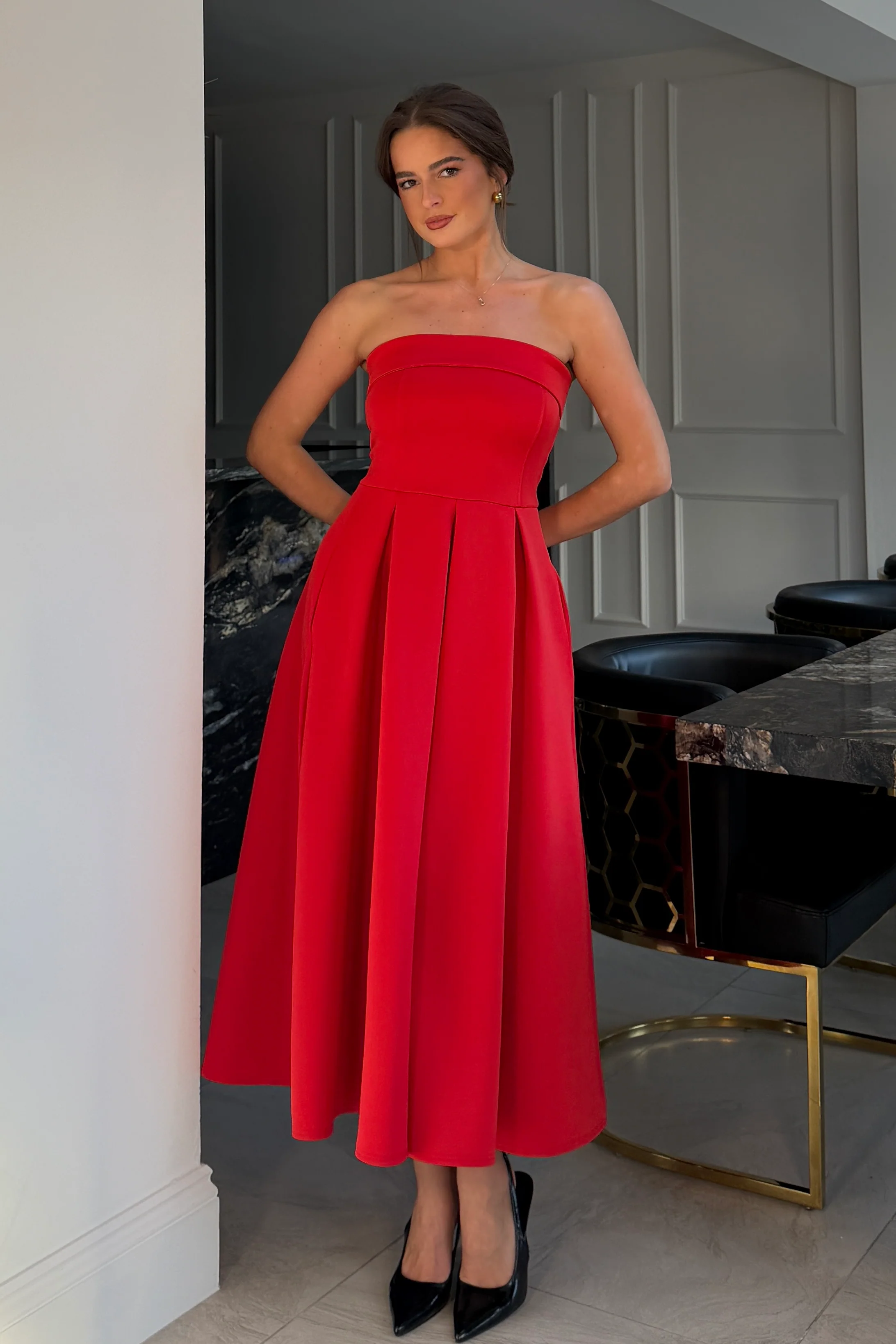 Danni Strapless Bandeau Midi Dress Red - Image 4