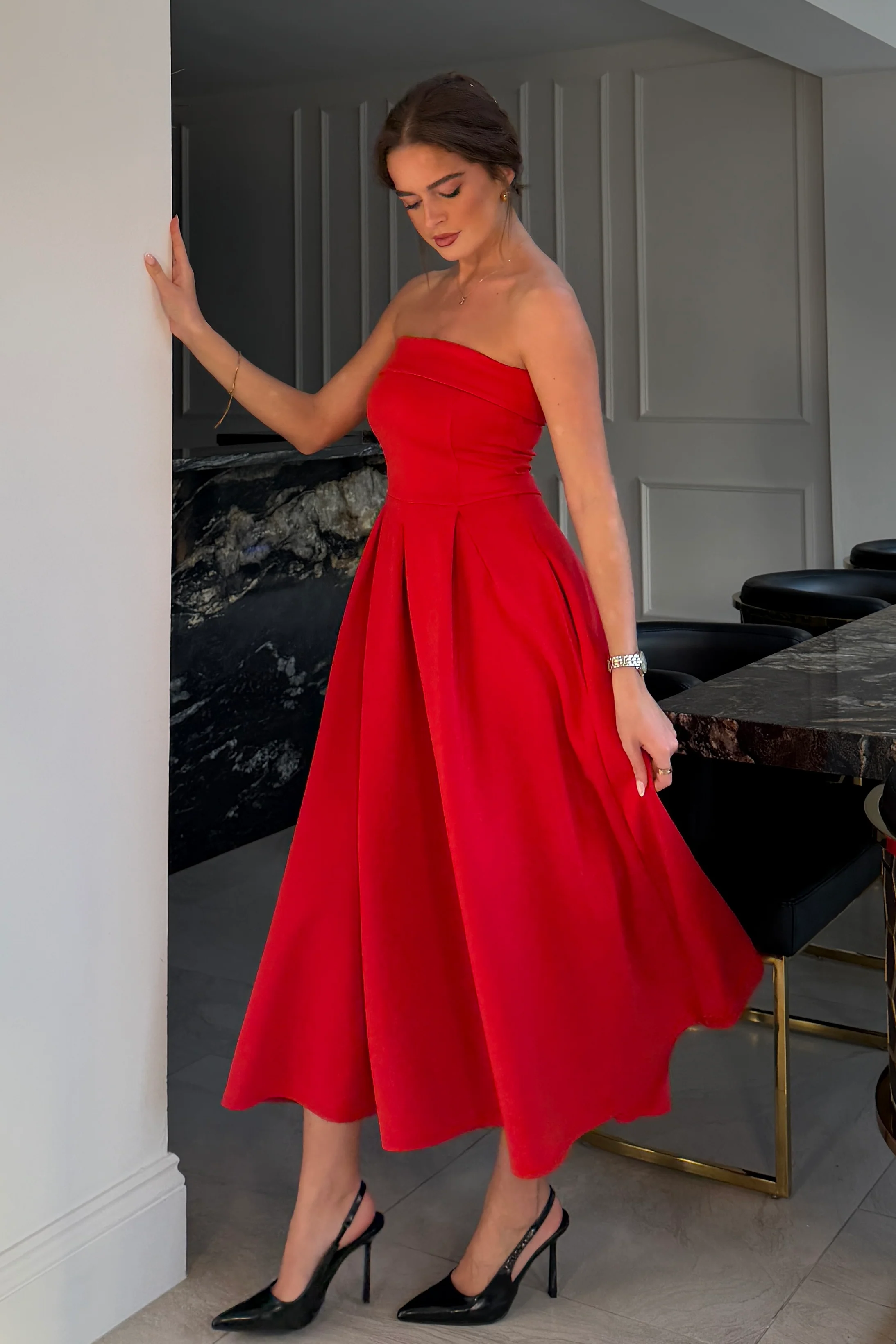Danni Strapless Bandeau Midi Dress Red - Image 5