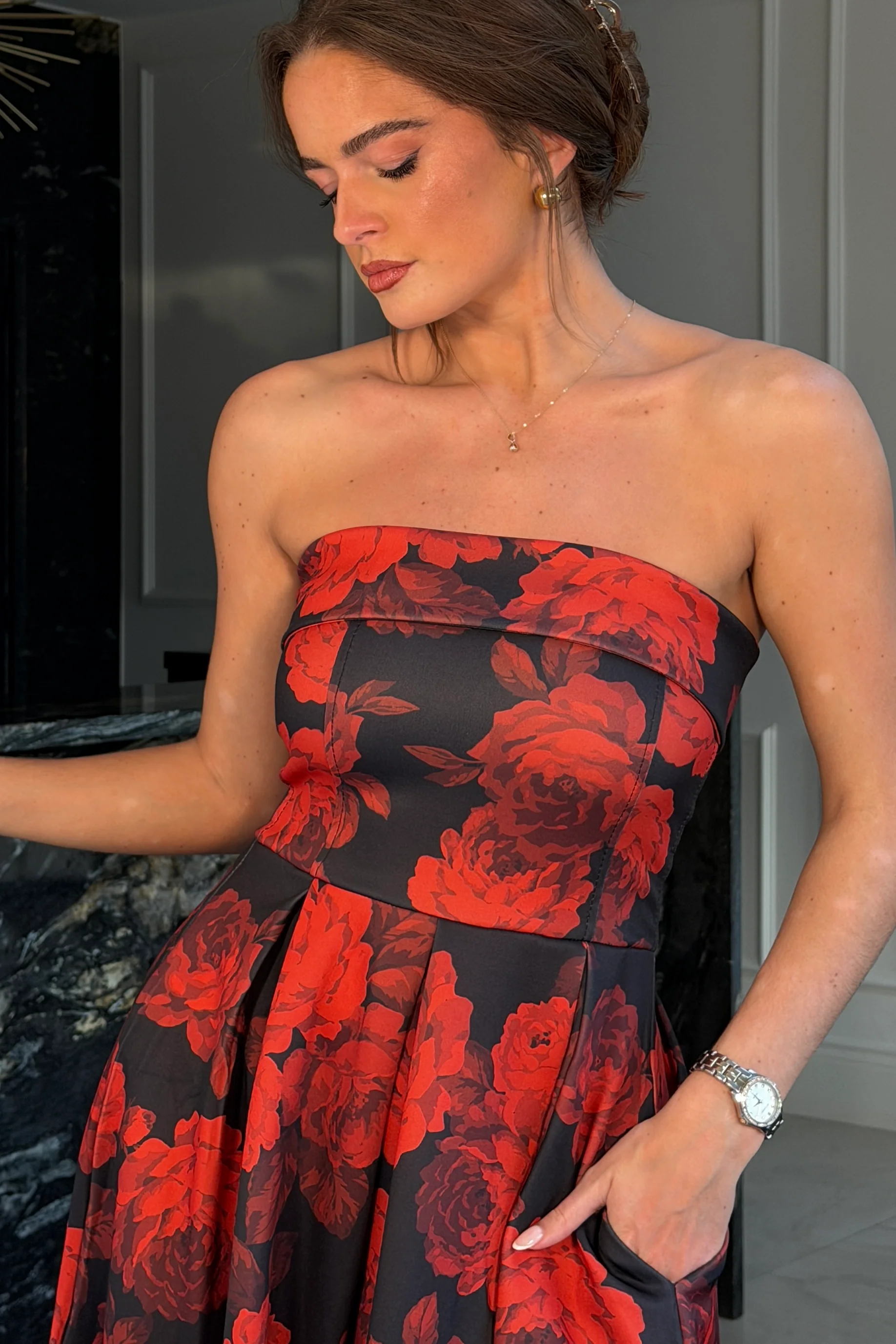 Danni Strapless Bandeau Midi Dress Red Floral - Image 2