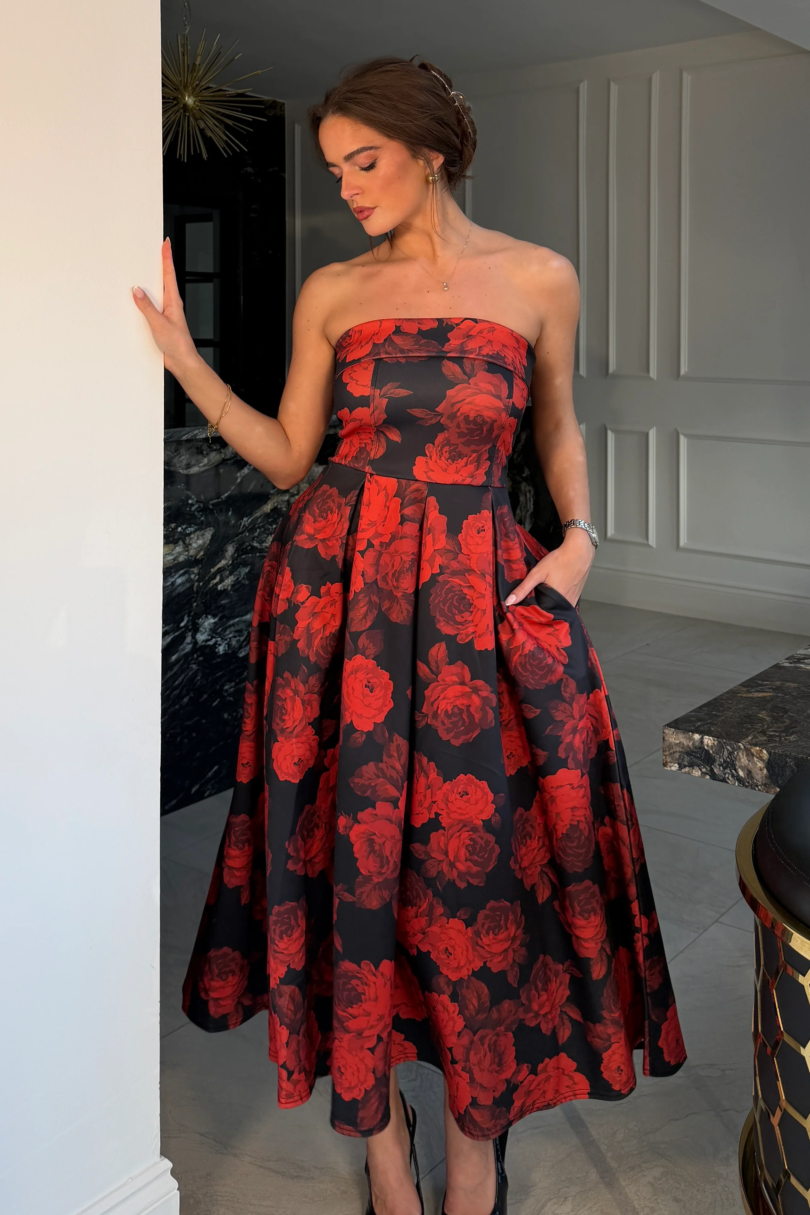 Danni Strapless Bandeau Midi Dress Red Floral - Image 3