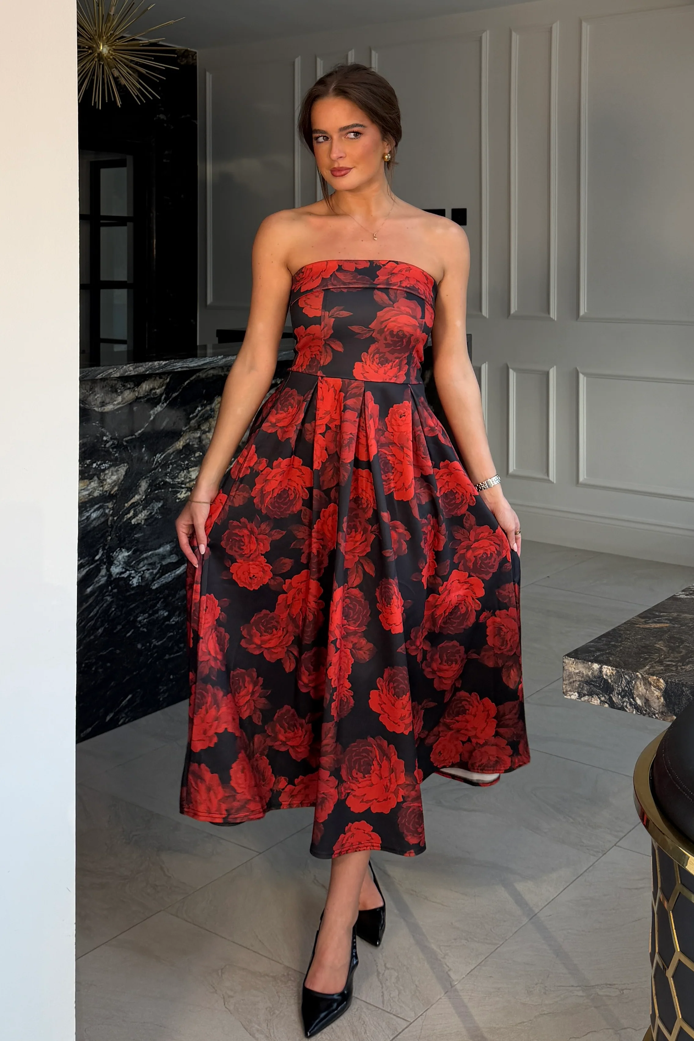 Danni Strapless Bandeau Midi Dress Red Floral - Image 4
