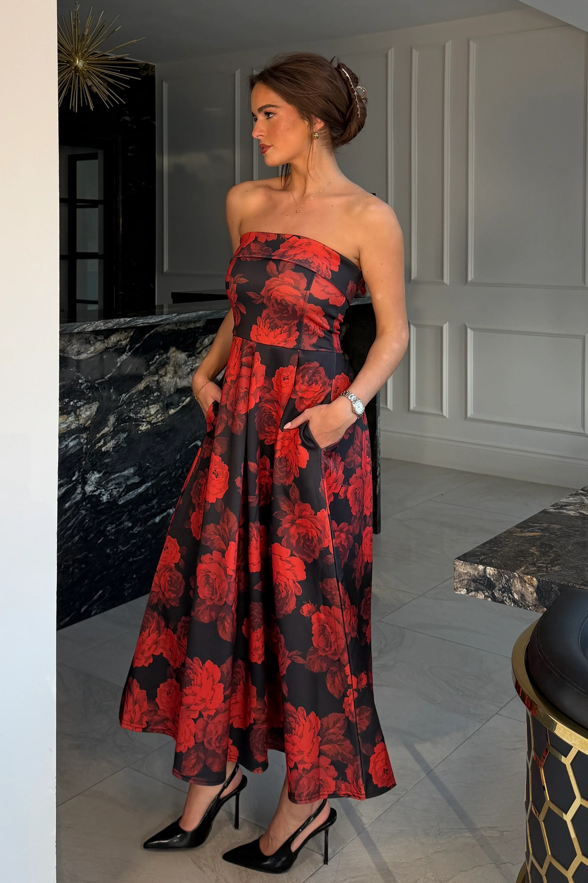 Danni Strapless Bandeau Midi Dress Red Floral - Image 5
