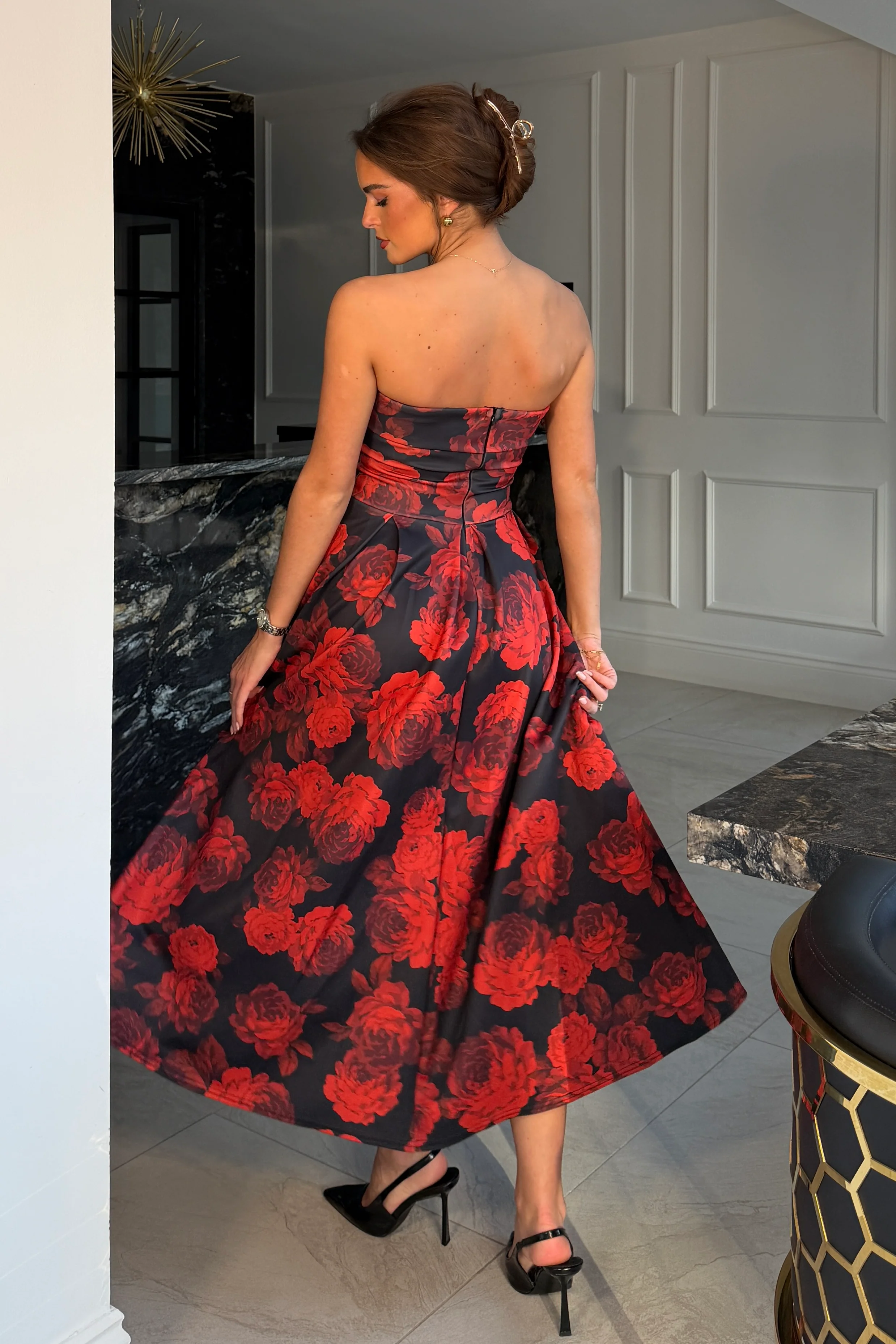 Danni Strapless Bandeau Midi Dress Red Floral - Image 6