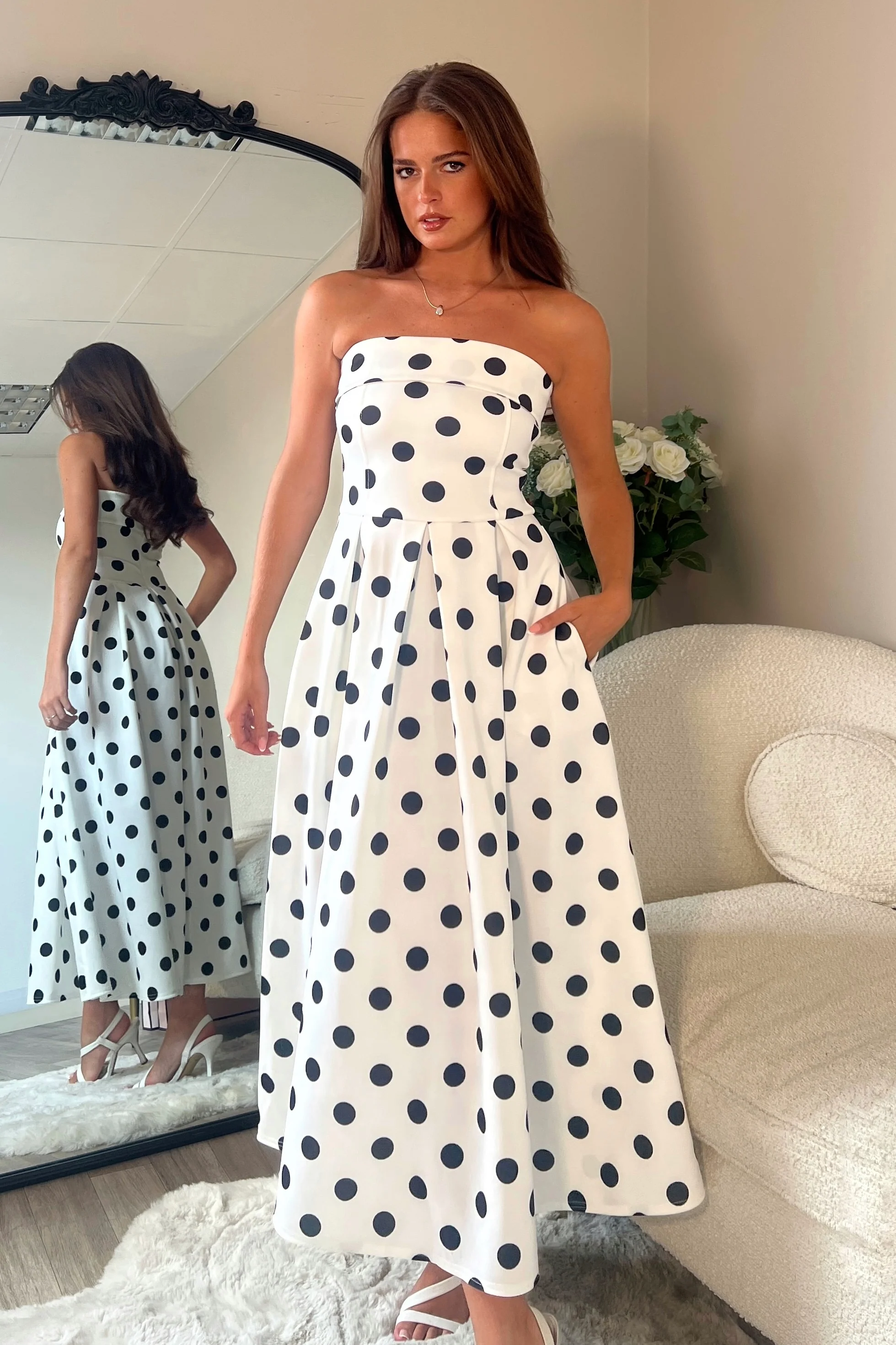 Danni Strapless Bandeau Midi Dress Spot Print - Image 3