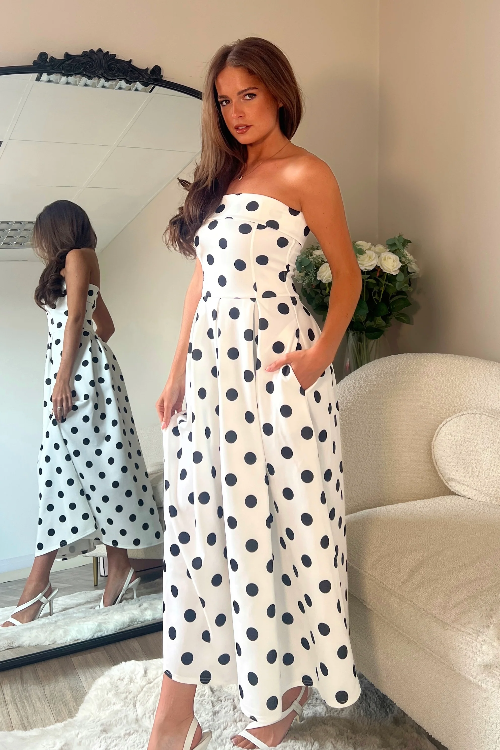 Danni Strapless Bandeau Midi Dress Spot Print - Image 5