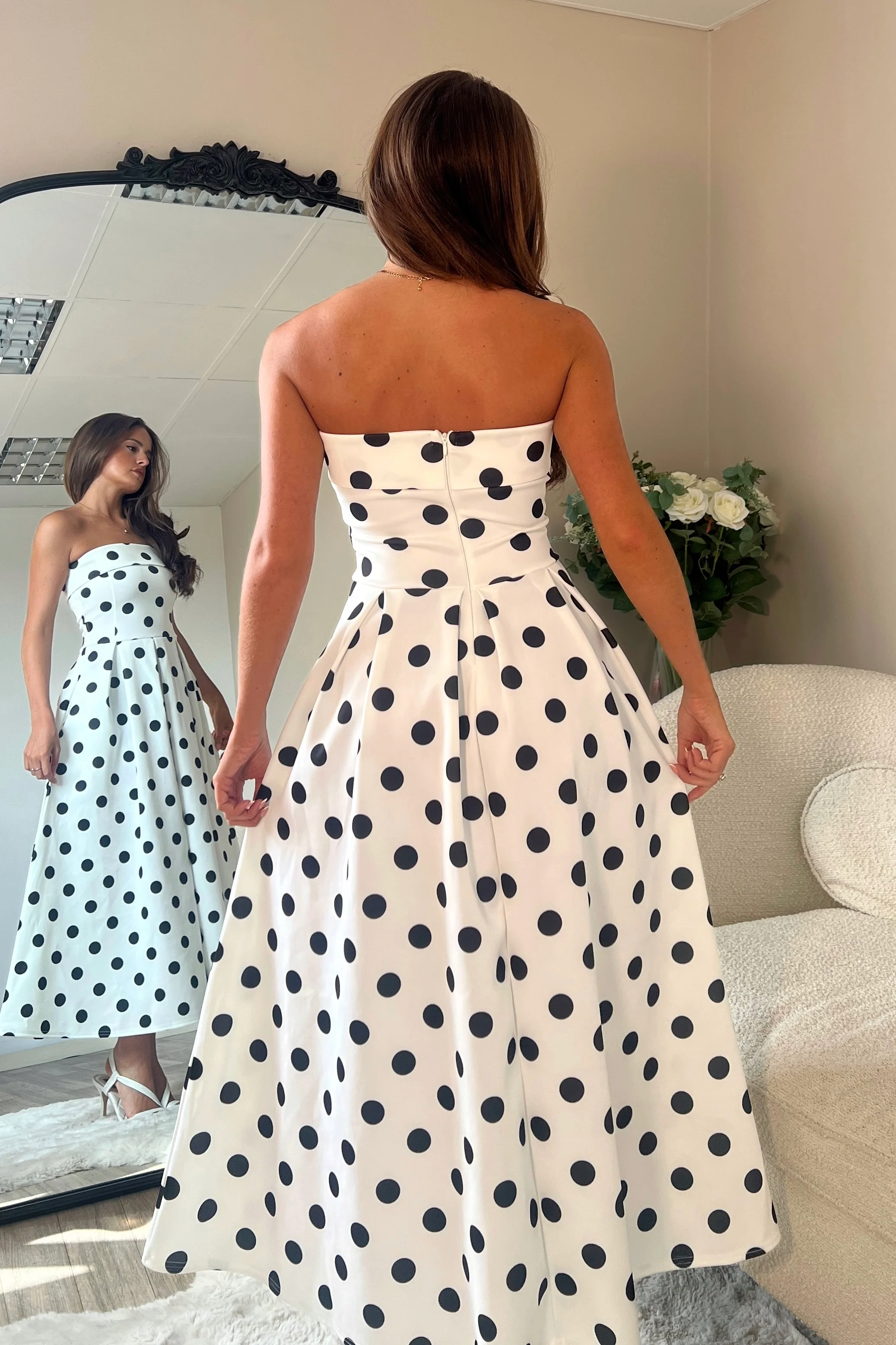 Danni Strapless Bandeau Midi Dress Spot Print - Image 6