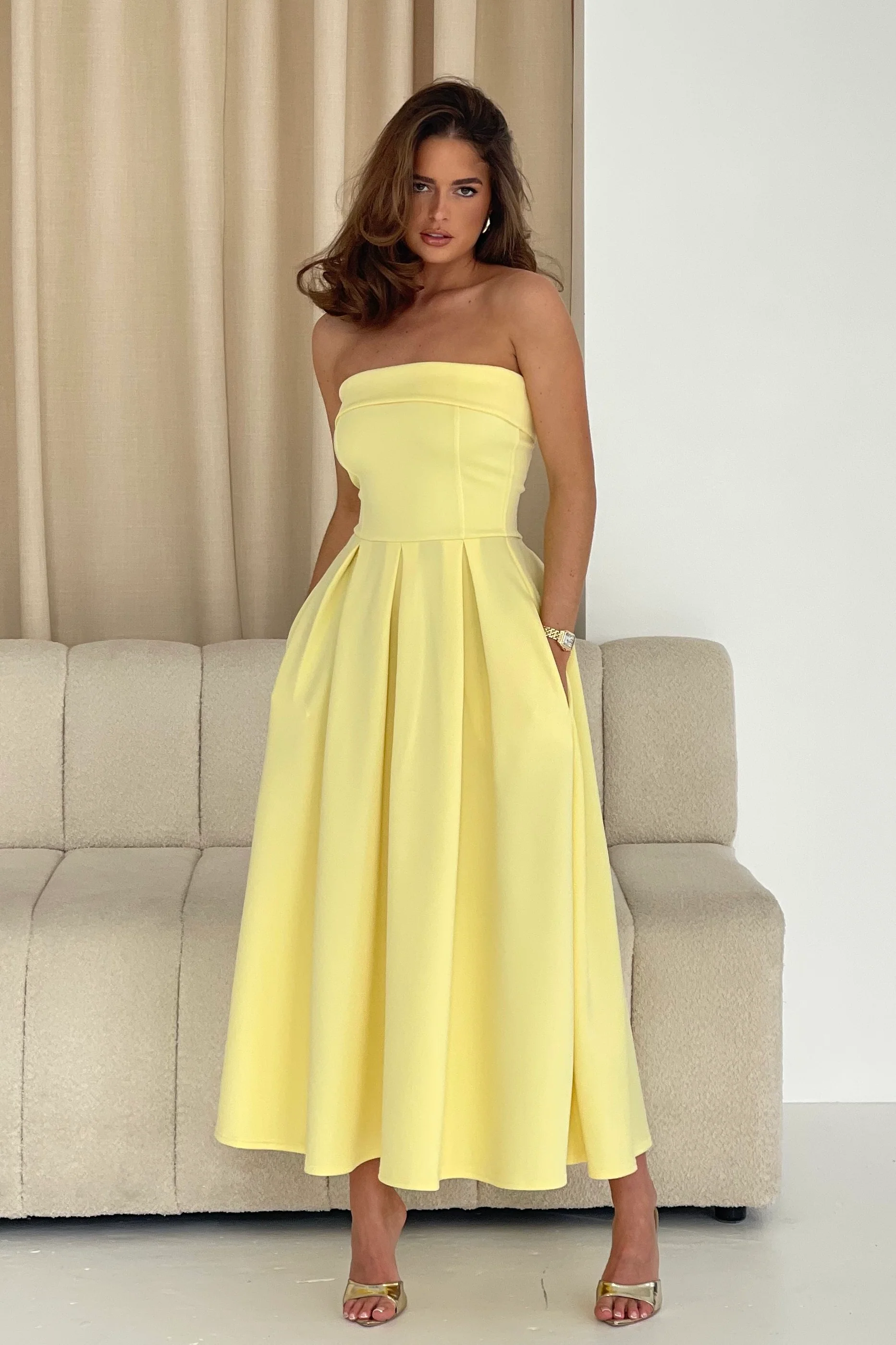 Danni Strapless Bandeau Midi Dress Yellow - Image 3