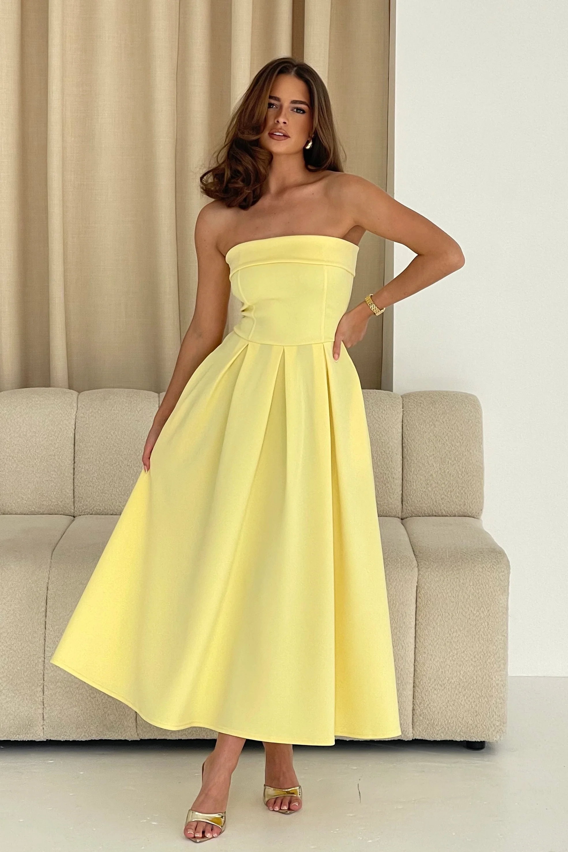 Danni Strapless Bandeau Midi Dress Yellow - Image 4