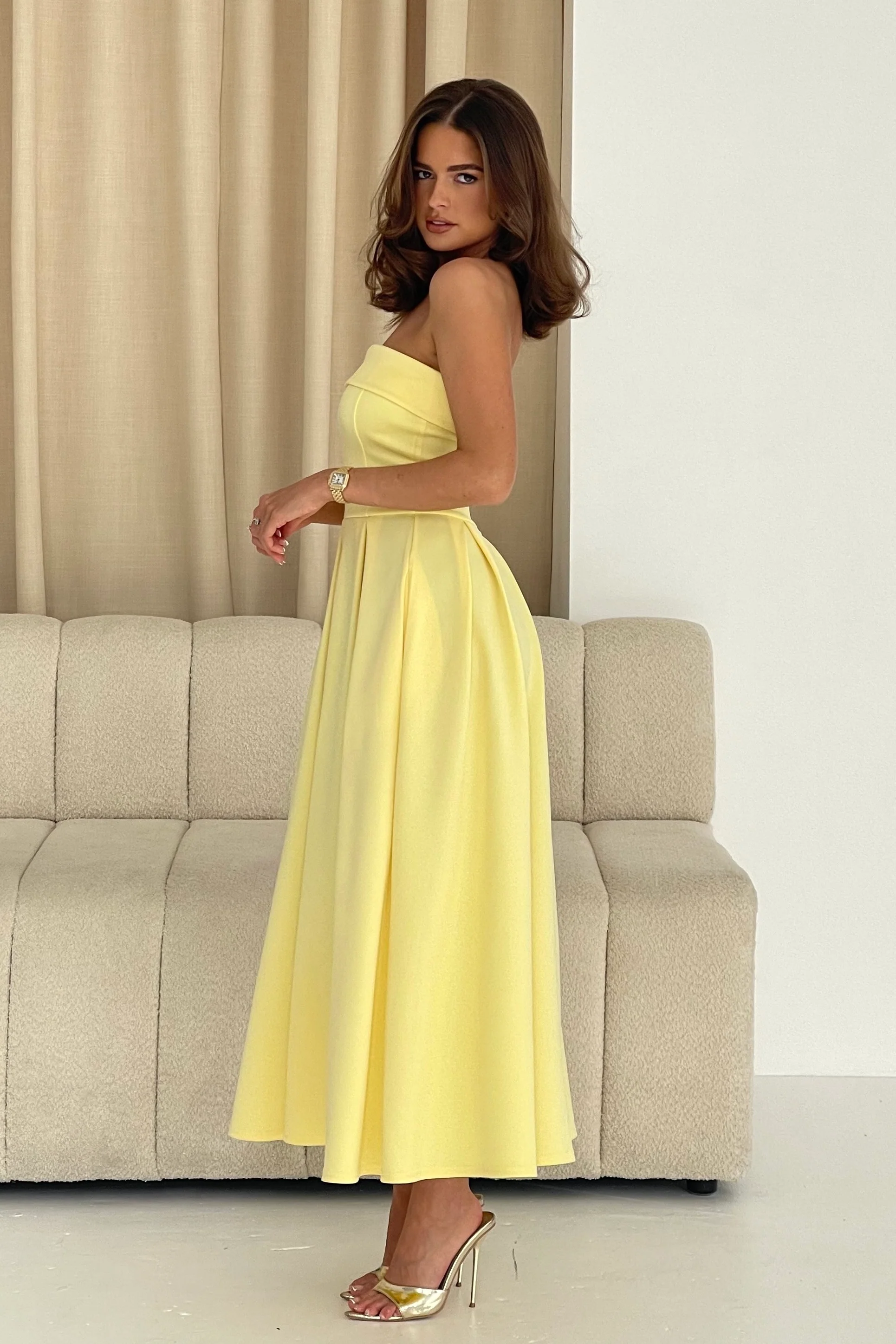Danni Strapless Bandeau Midi Dress Yellow - Image 5
