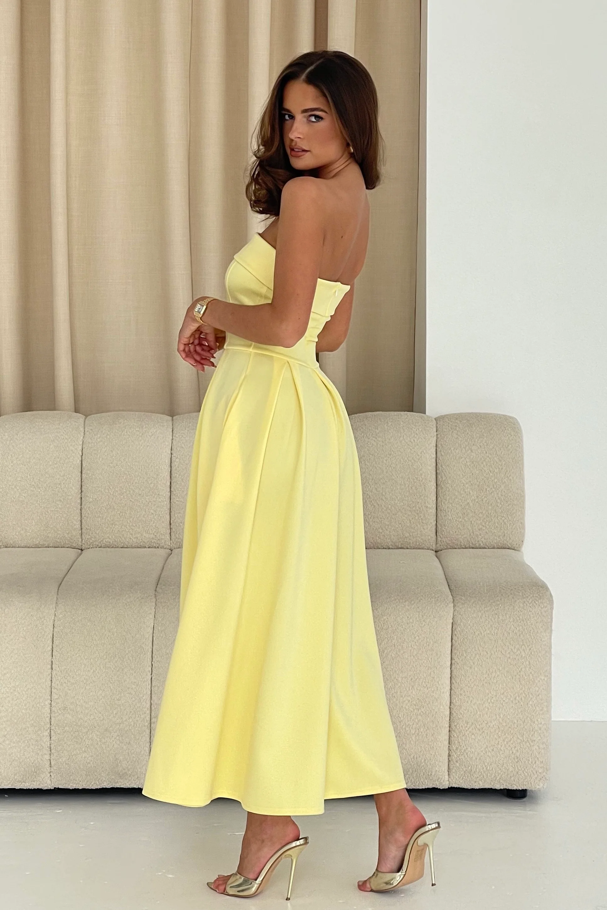 Danni Strapless Bandeau Midi Dress Yellow - Image 6