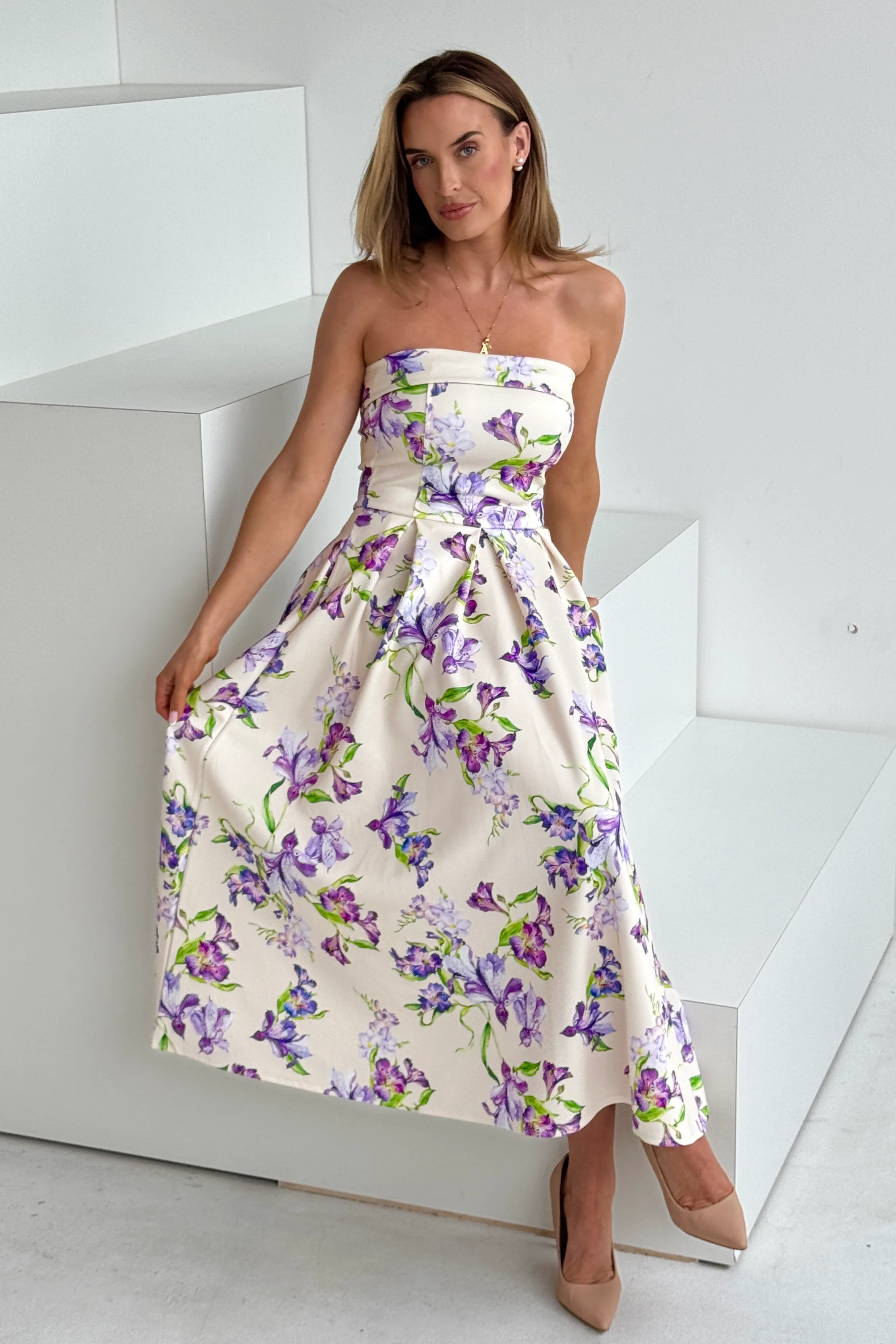 Danni Strapless Bandeau Midi Dress Yellow Floral - Image 2