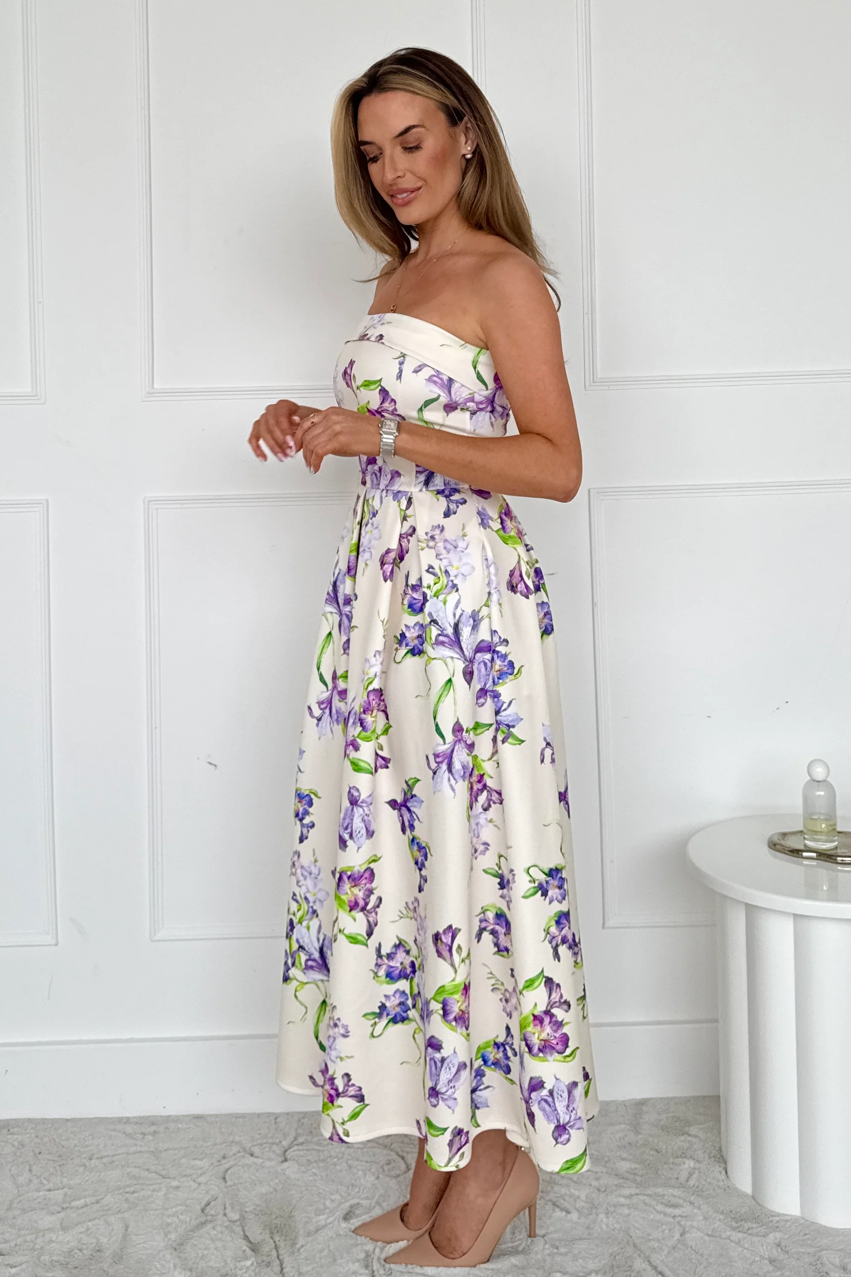 Danni Strapless Bandeau Midi Dress Yellow Floral - Image 4