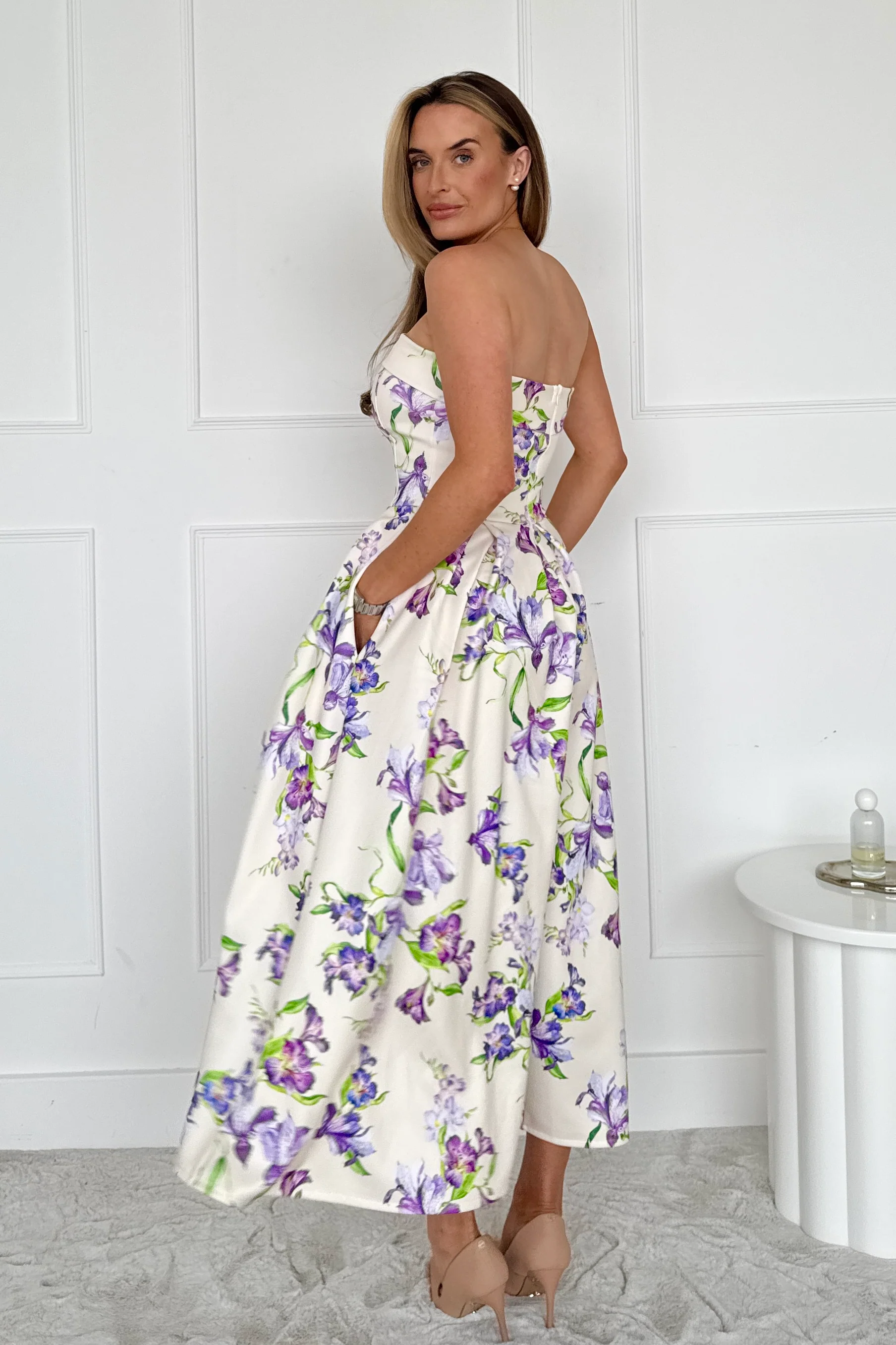 Danni Strapless Bandeau Midi Dress Yellow Floral - Image 6