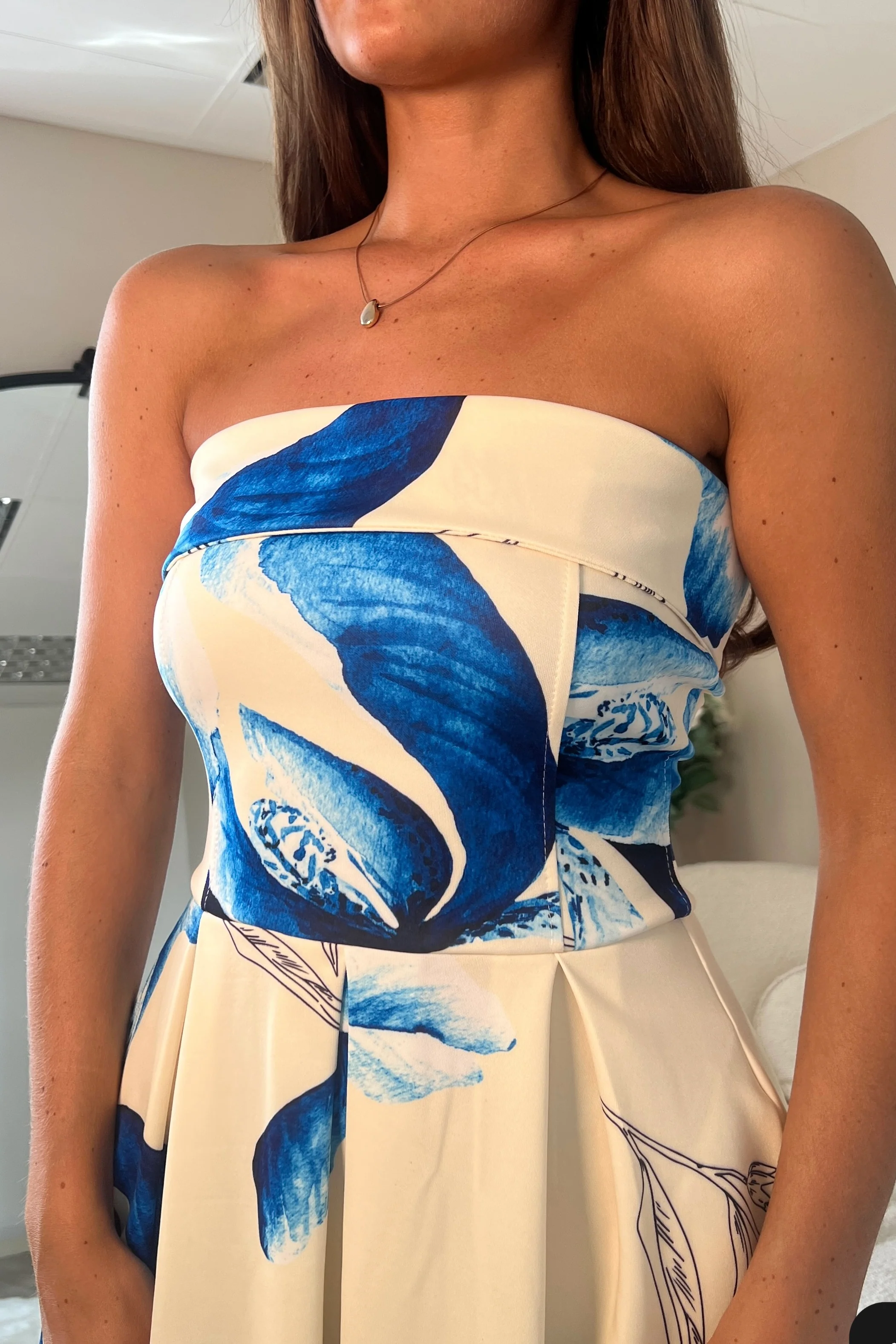 Danni Strapless Bandeau Midi Dress Yellow And Blue Floral - Image 2