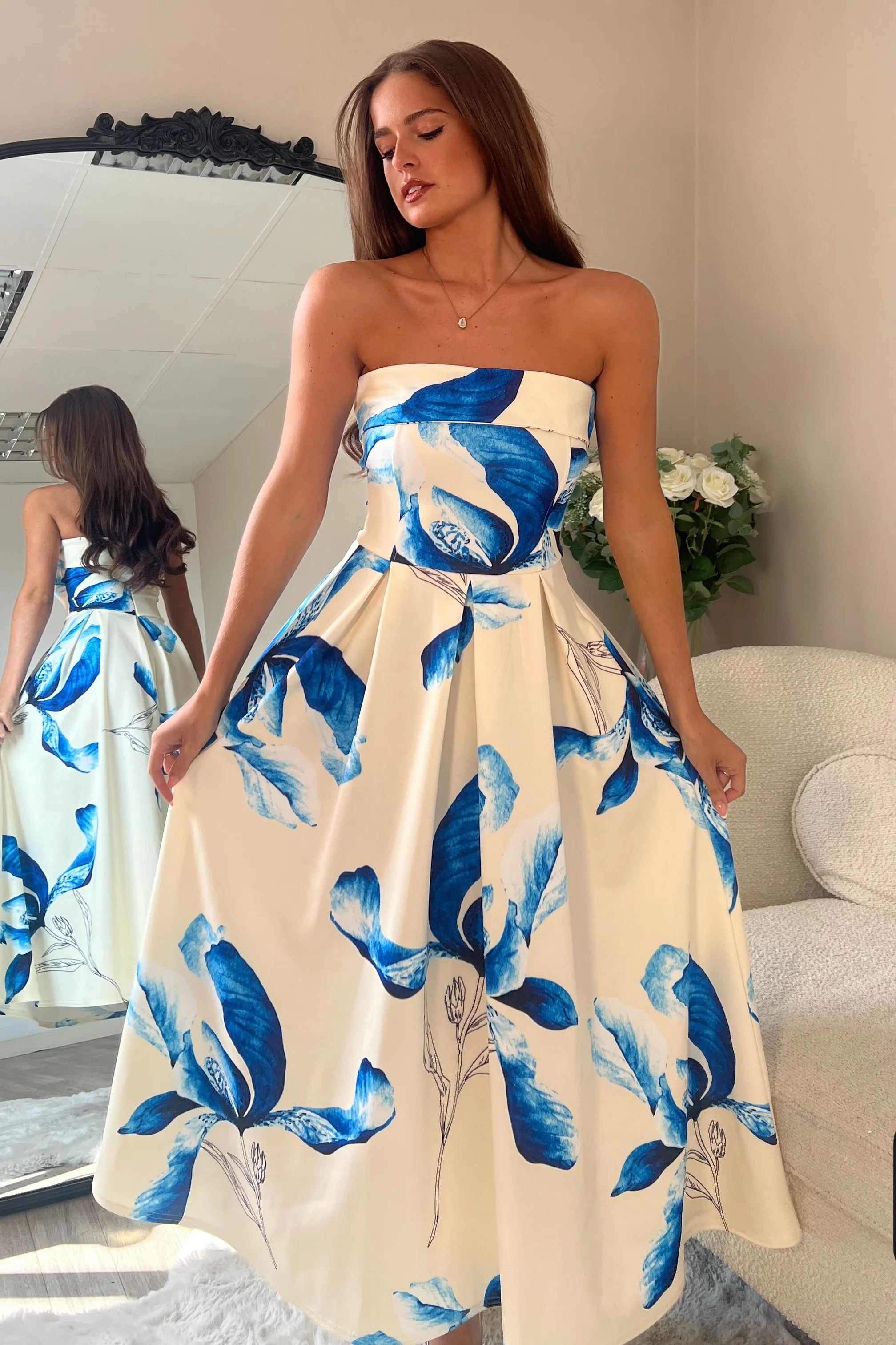 Danni Strapless Bandeau Midi Dress Yellow And Blue Floral - Image 3
