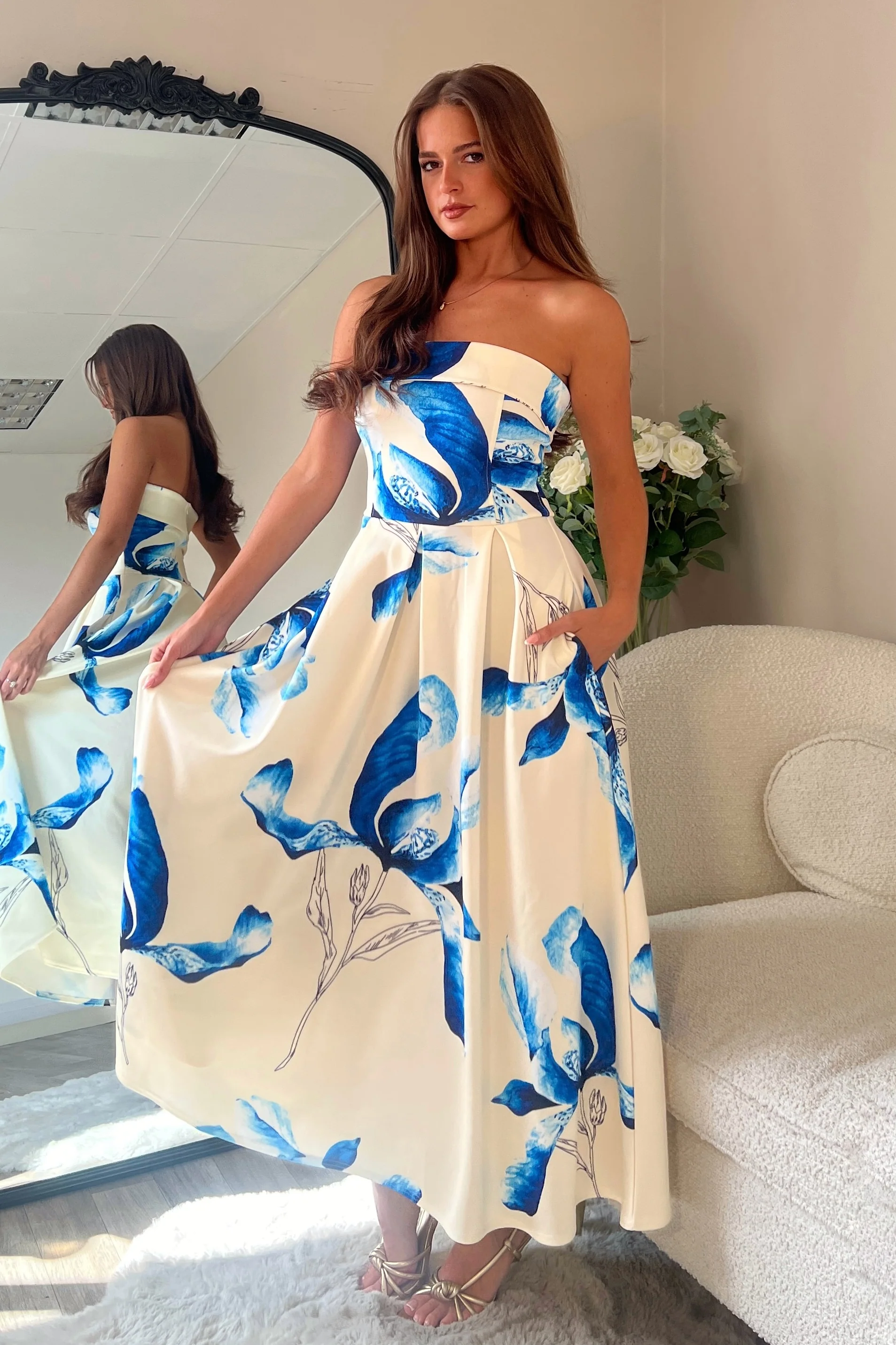Danni Strapless Bandeau Midi Dress Yellow And Blue Floral - Image 4