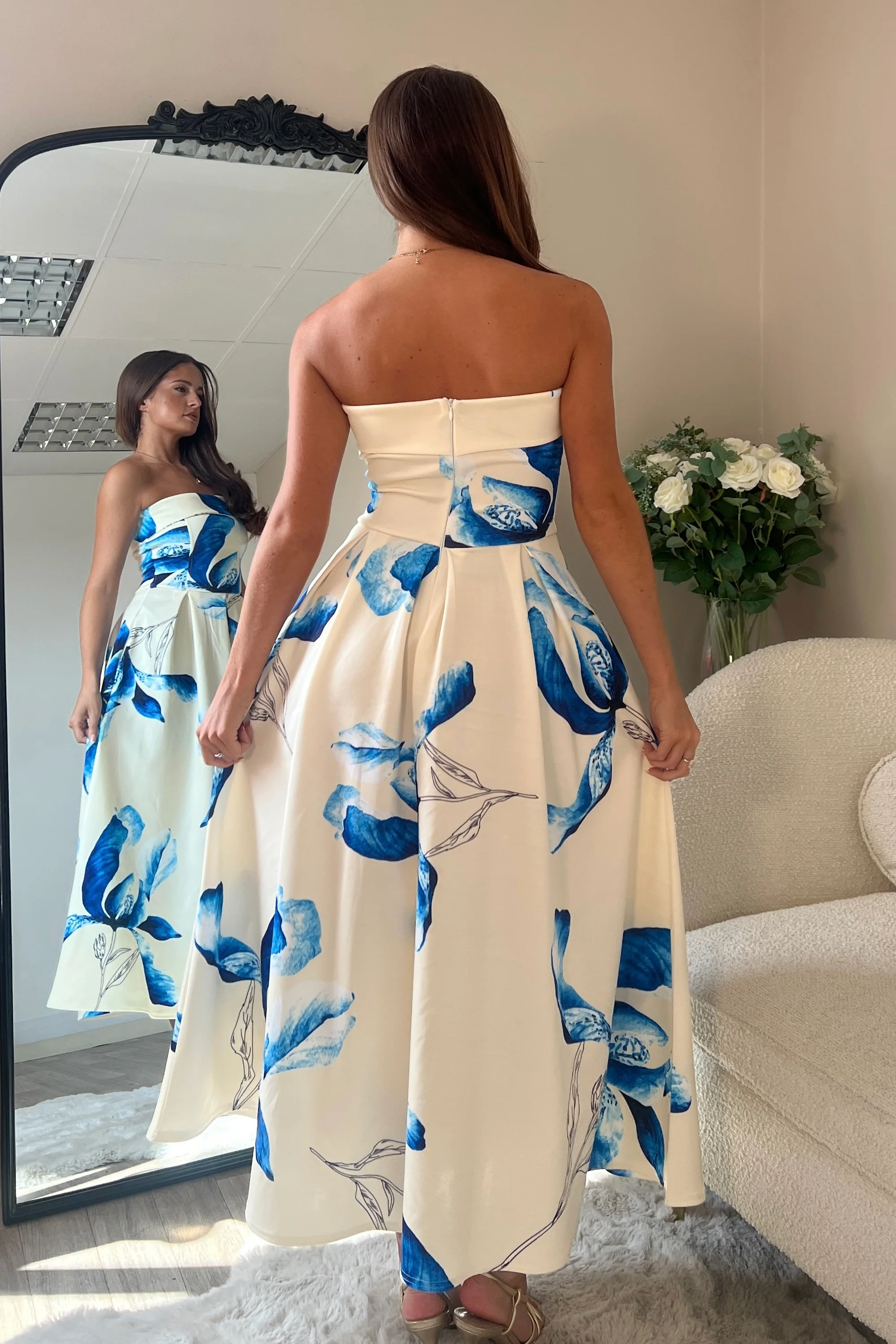 Danni Strapless Bandeau Midi Dress Yellow And Blue Floral - Image 5