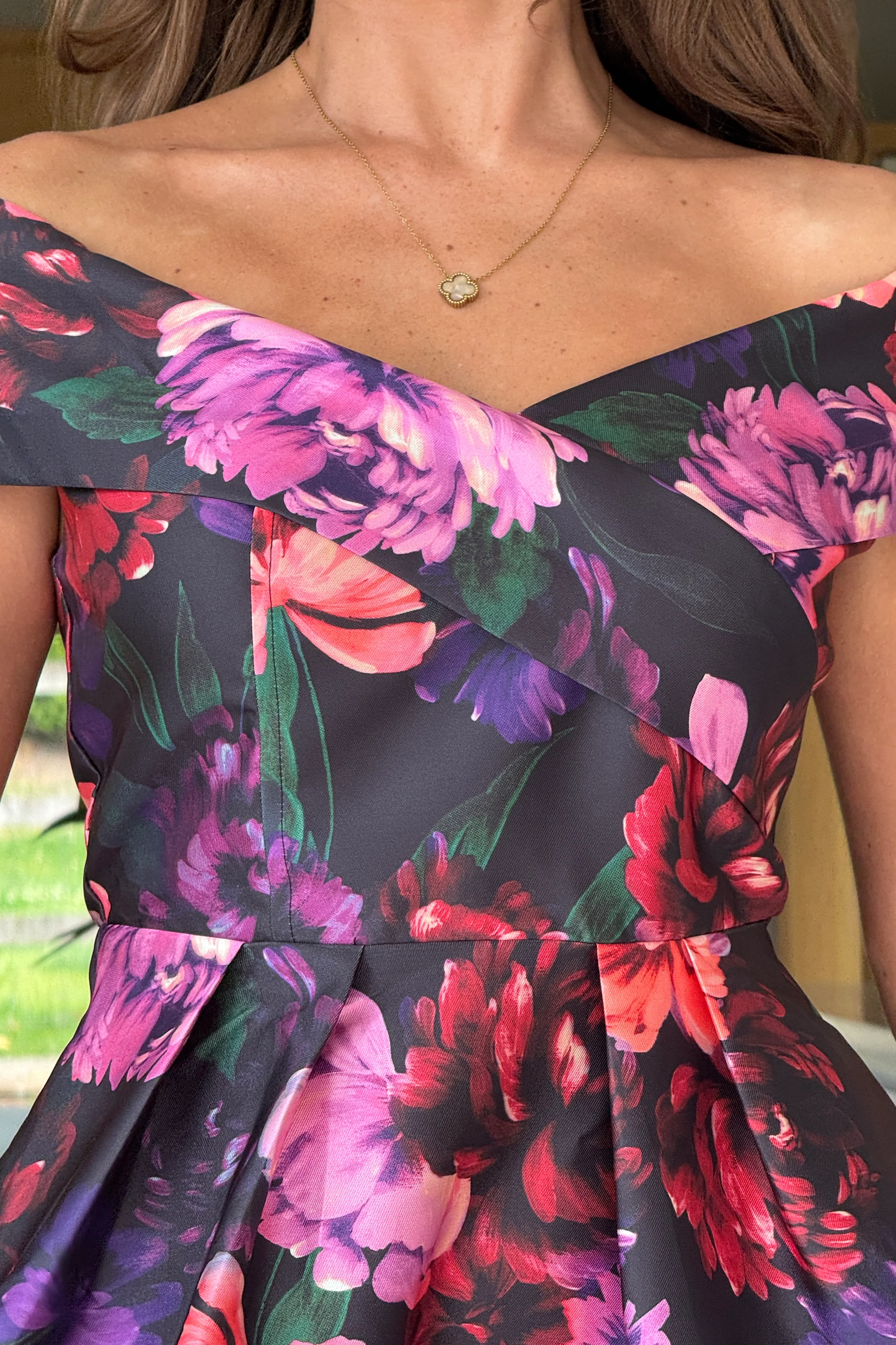 Daphne Off The Shoulder Skater Midi Dress Dark Floral - Image 2