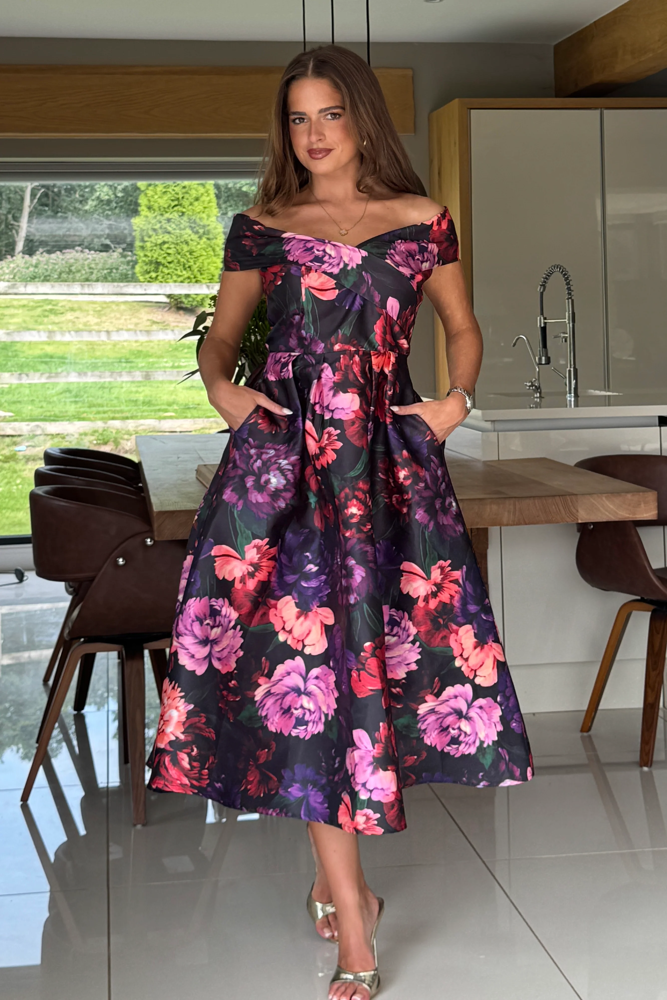 Daphne Off The Shoulder Skater Midi Dress Dark Floral - Image 3