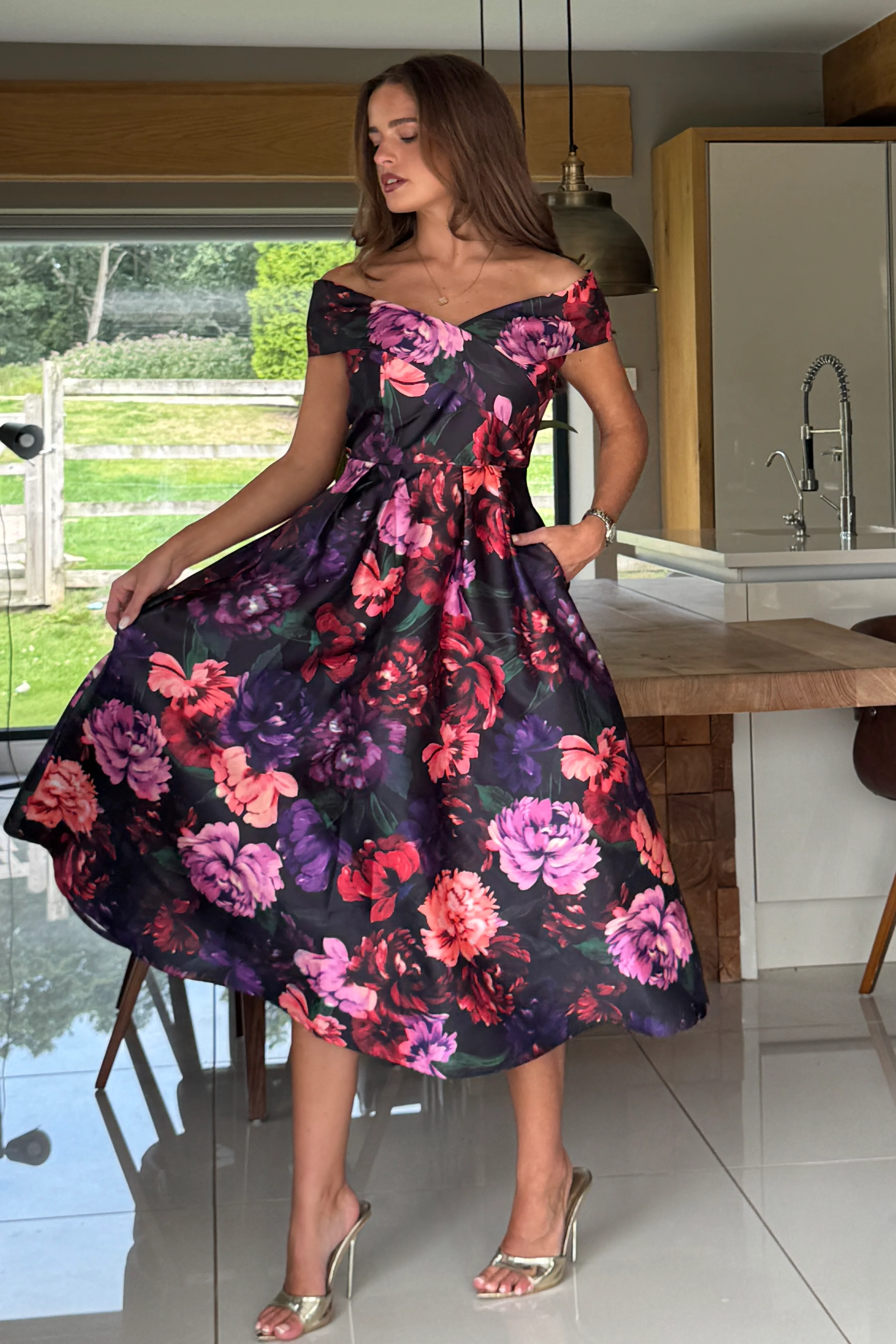 Daphne Off The Shoulder Skater Midi Dress Dark Floral - Image 4