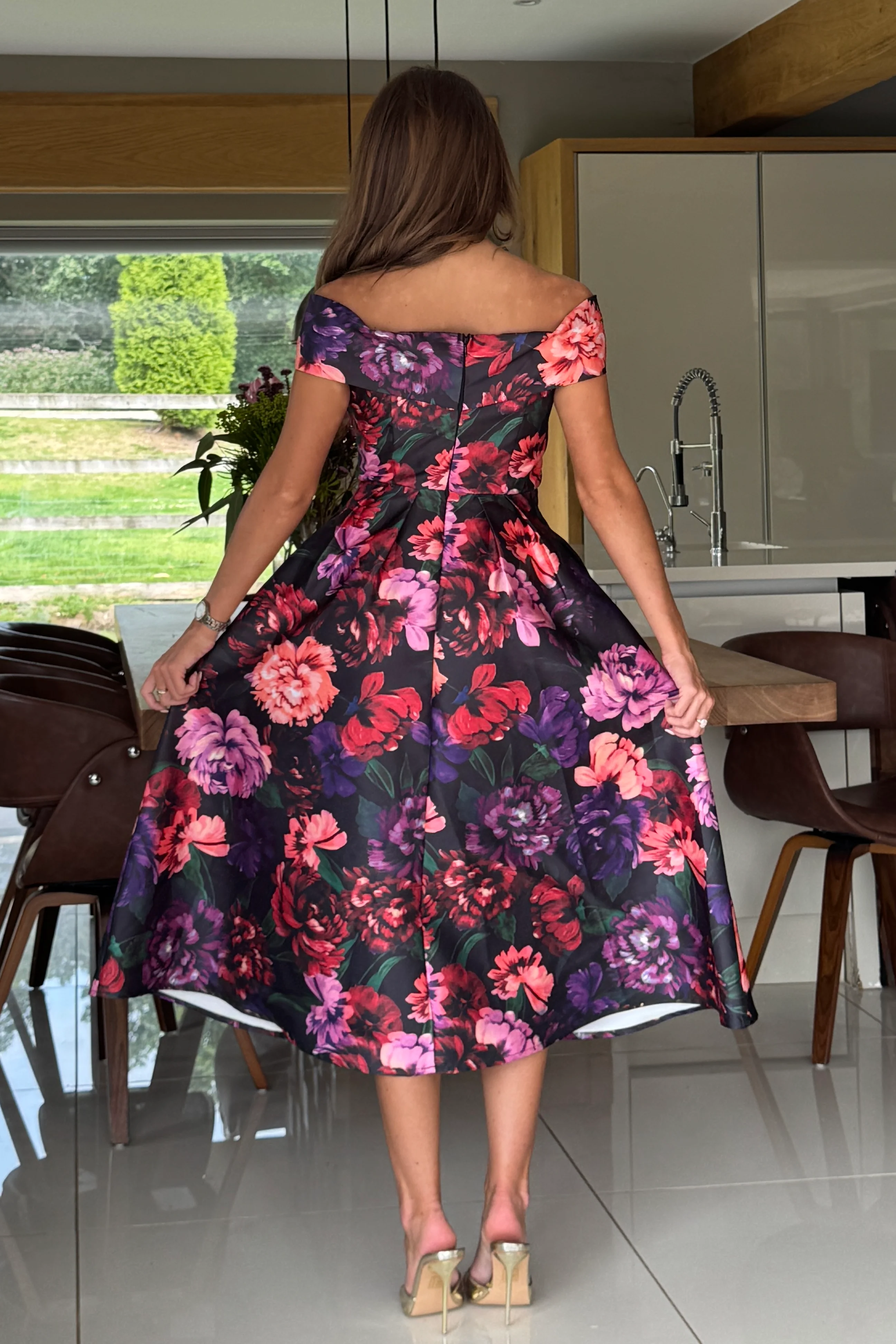 Daphne Off The Shoulder Skater Midi Dress Dark Floral - Image 5