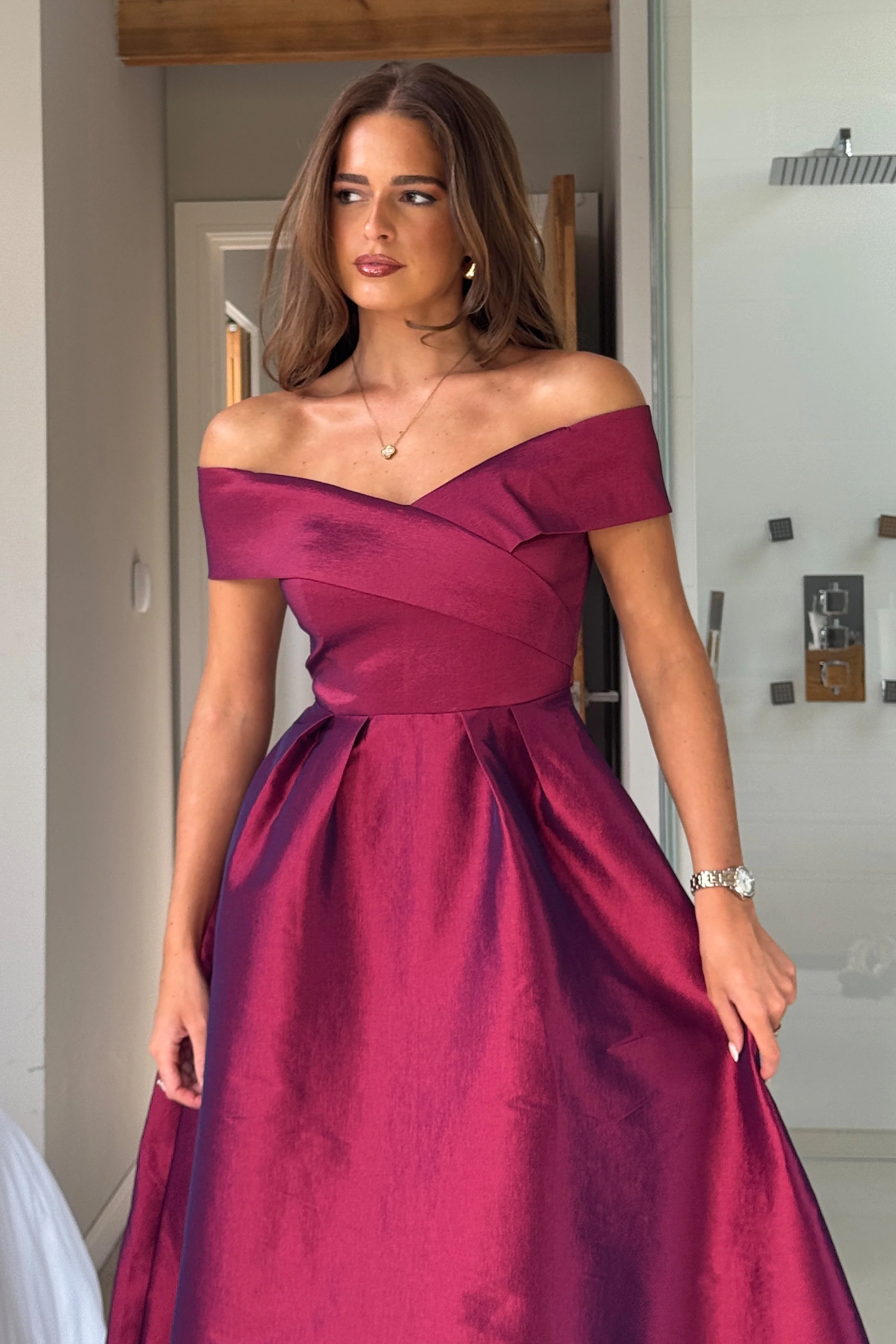 Daphne Off The Shoulder Skater Midi Dress Plum - Image 3