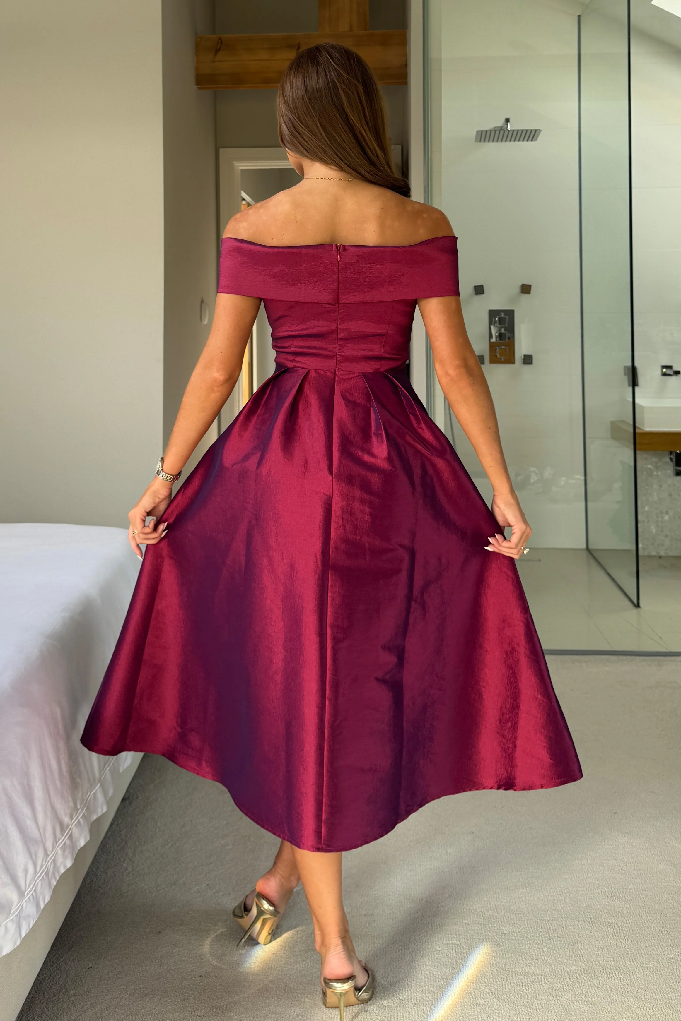 Daphne Off The Shoulder Skater Midi Dress Plum - Image 6