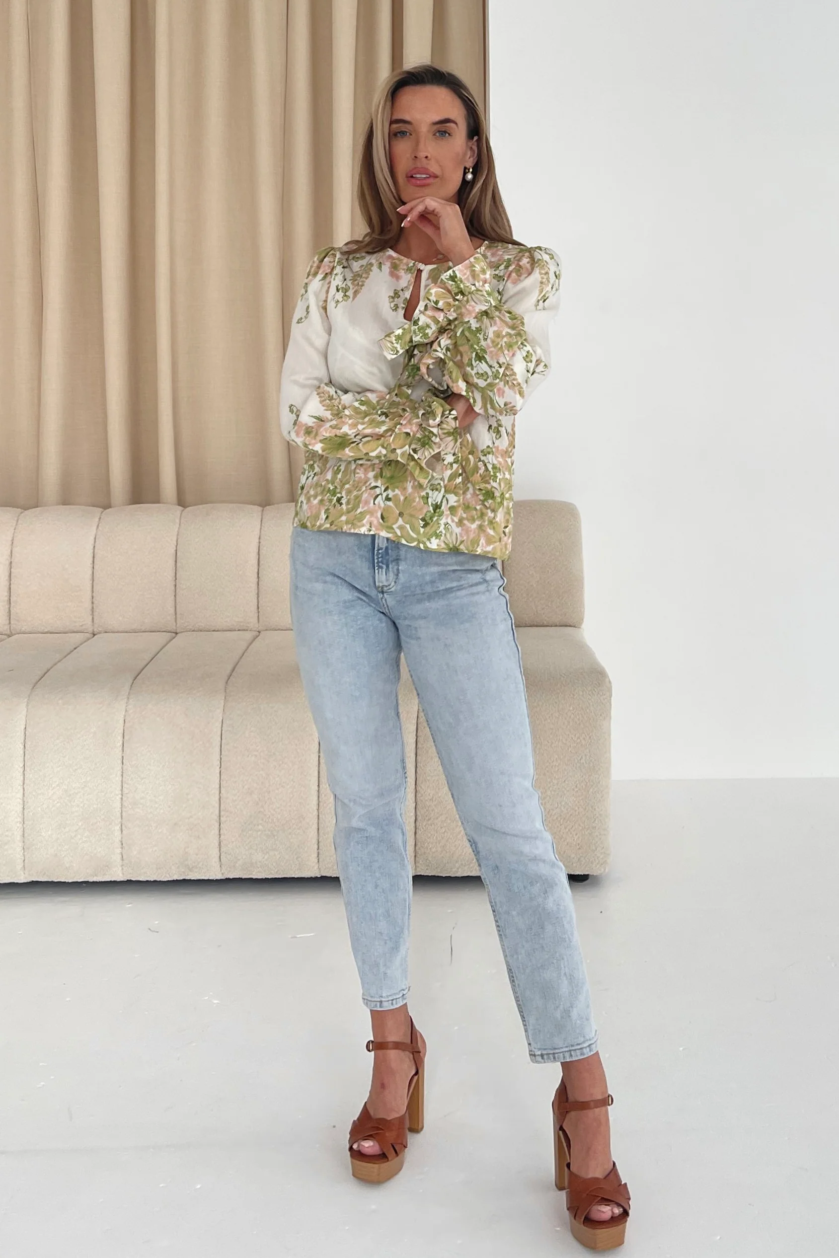 Darcy Tie Cuff Blouse in Linen Look Green Floral - Image 2
